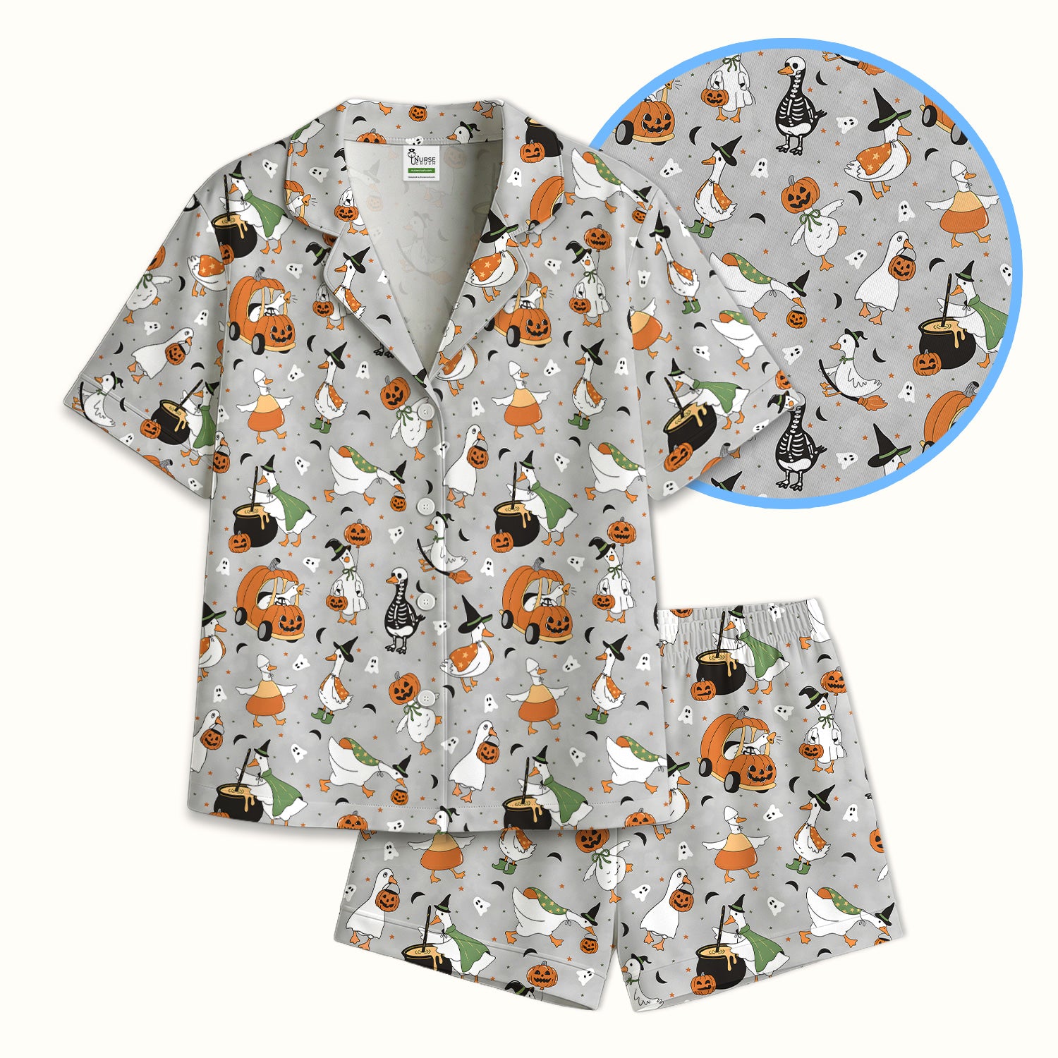 Goose with Pumpkin Checkered Print Pajama Set, Soft Breathable Fabric Comfortable Sleepwear