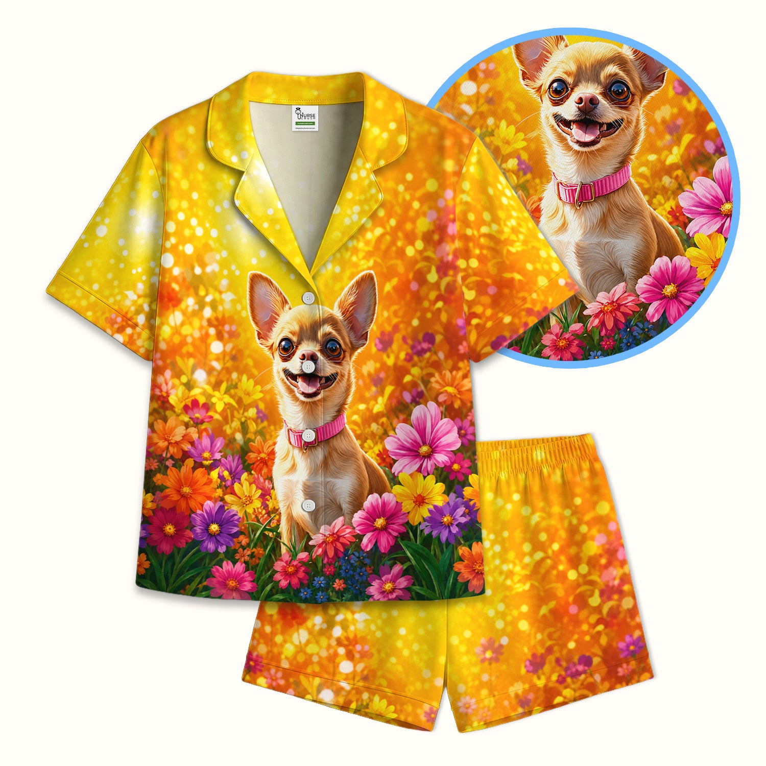 Cute Chihuahua Flower Meadow Pattern Pajama Set, Soft Breathable Fabric Comfortable Sleepwear