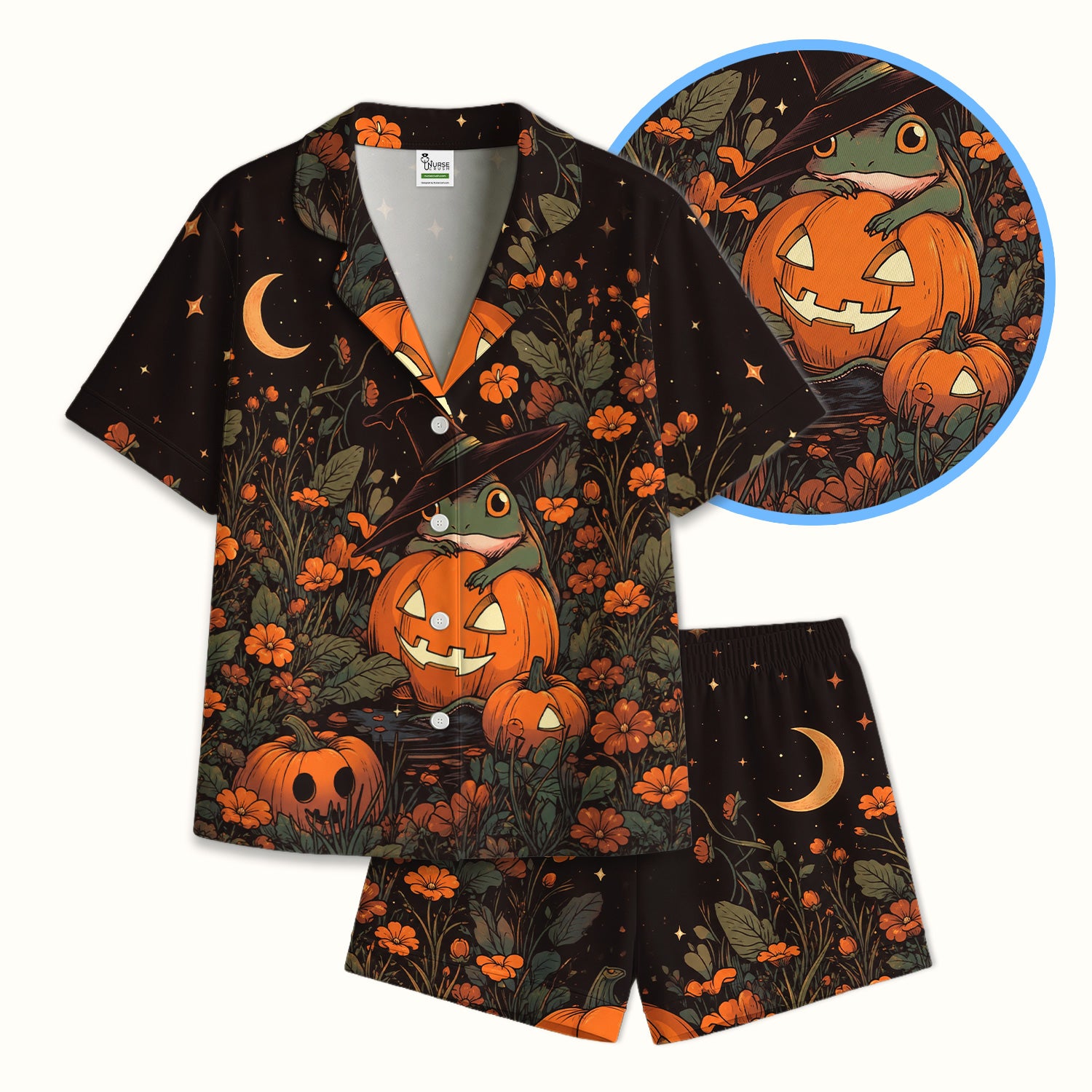 Cute Halloween Frog Nurse for Pediatric Nurses, RN, CNA, Pumpkin Medical Pajama Set, Soft Breathable Fabric Comfortable Sleepwear