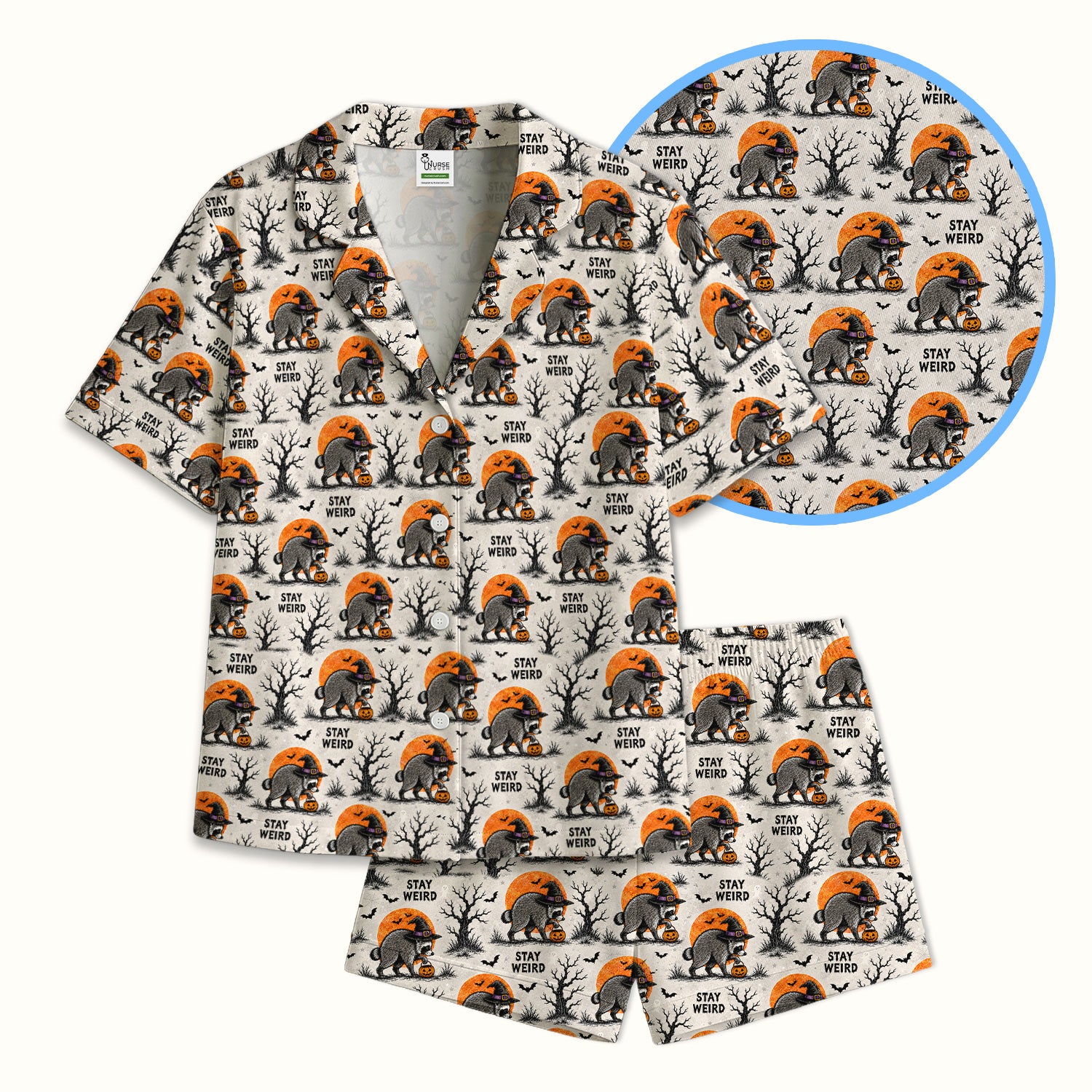 Funny Stay Weird Halloween Raccoon Pajama Set, Soft Breathable Fabric Comfortable Sleepwear