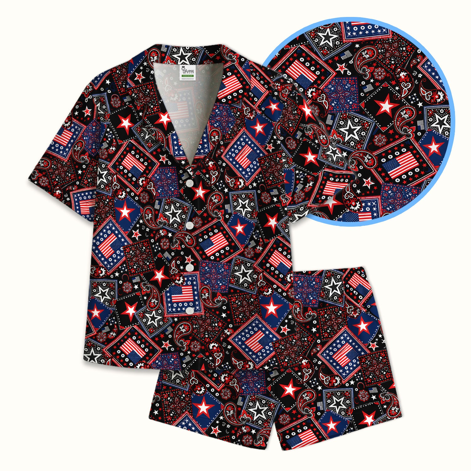 Patriotic Bandana With USA Flag Pattern Pajama Set, Soft Breathable Fabric Comfortable Sleepwear