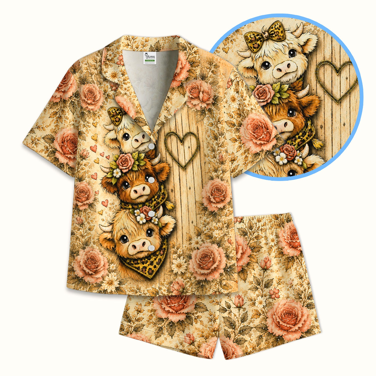 Highland Cow with Floral Farmhouse Pajama Set, Soft Breathable Fabric Comfortable Sleepwear