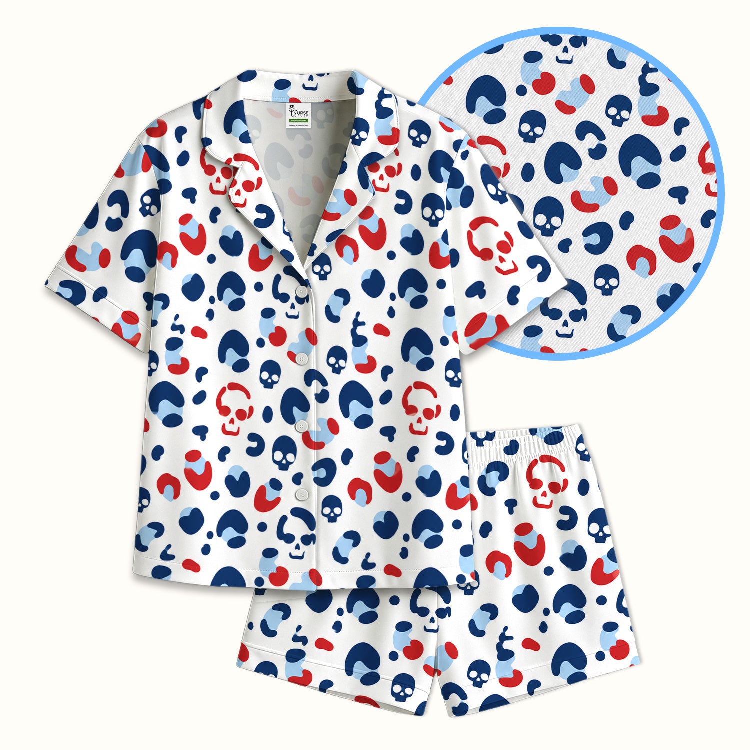 Red Blue Skull Leopard Pattern Pajama Set, Soft Breathable Fabric Comfortable Sleepwear