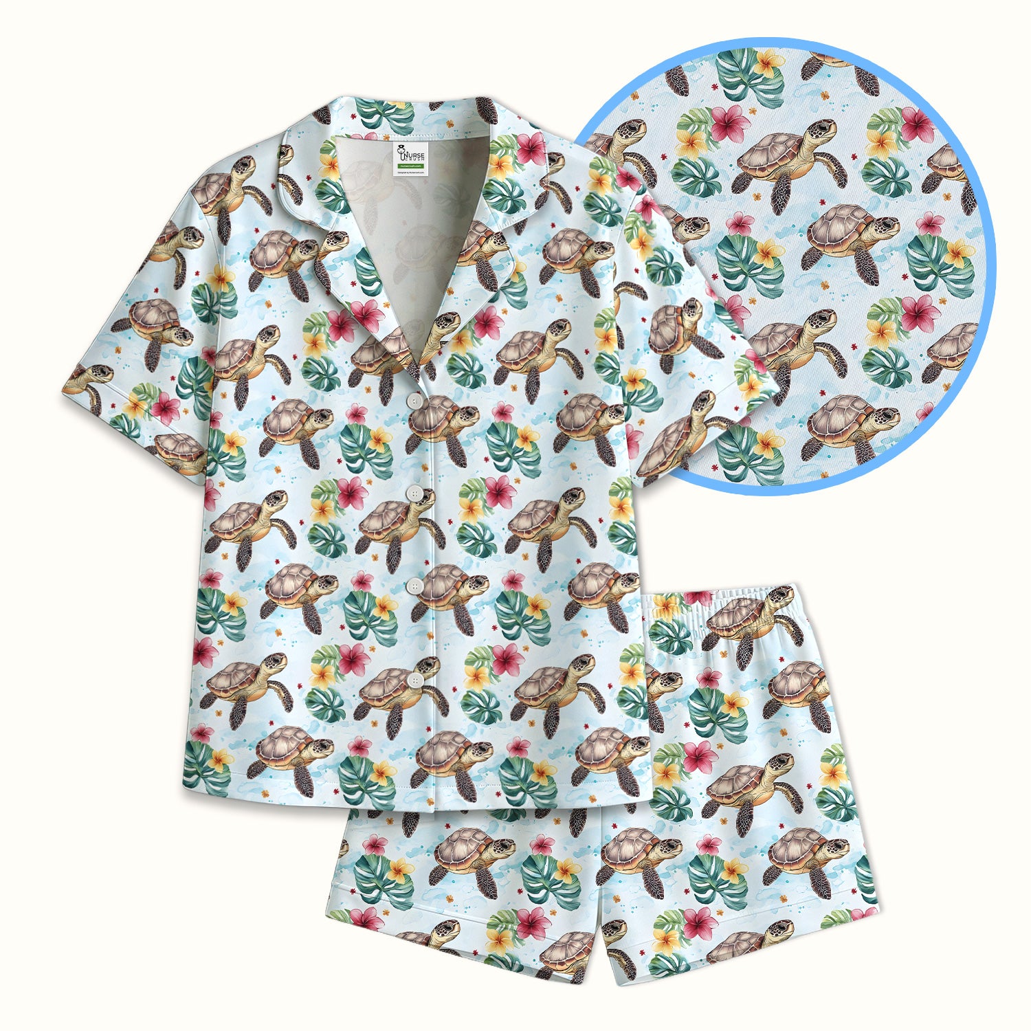 Sea Turtle Tropical Floral Pattern Pajama Set, Soft Breathable Fabric Comfortable Sleepwear