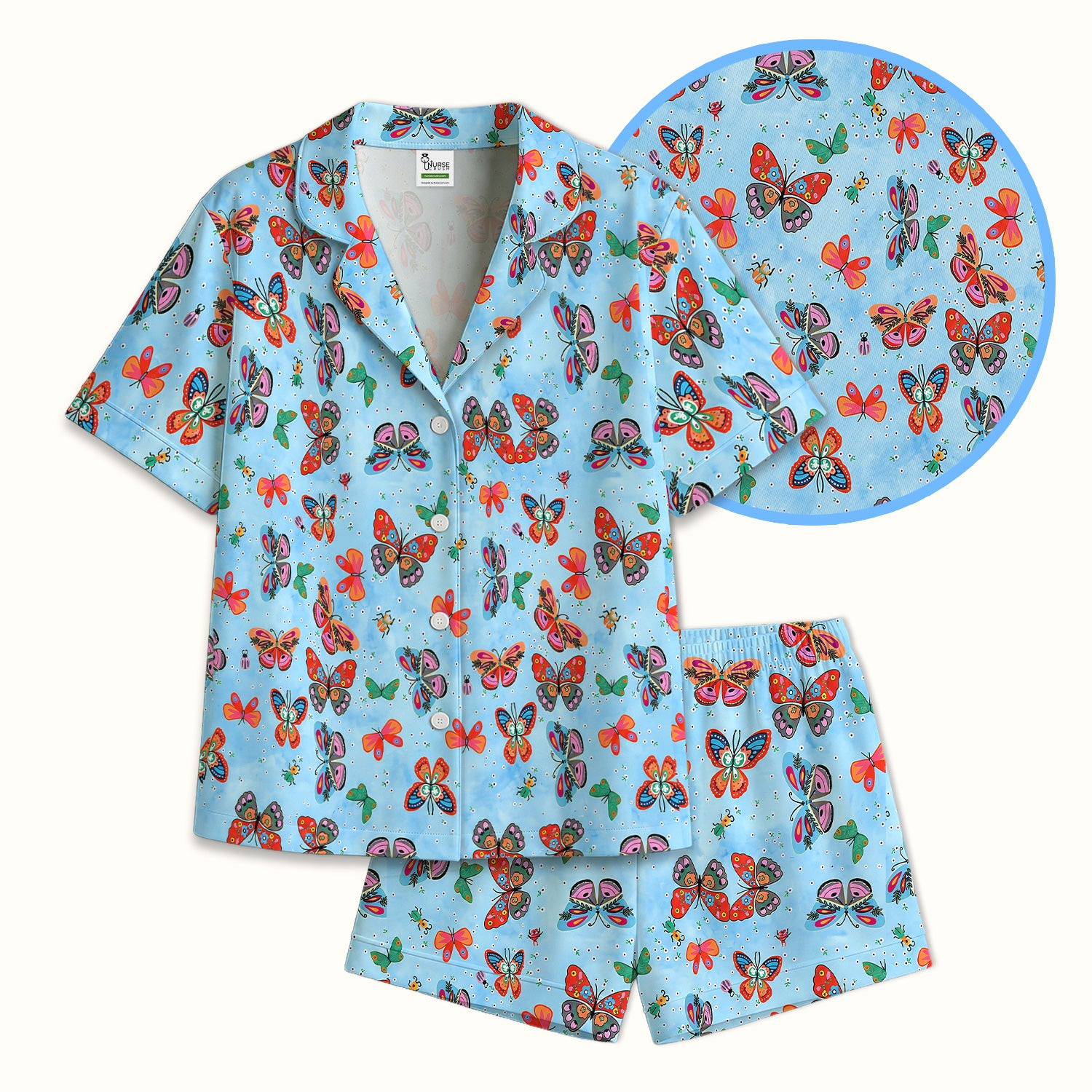 Colorful Butterfly Garden Pattern Pajama Set, Soft Breathable Fabric Comfortable Sleepwear