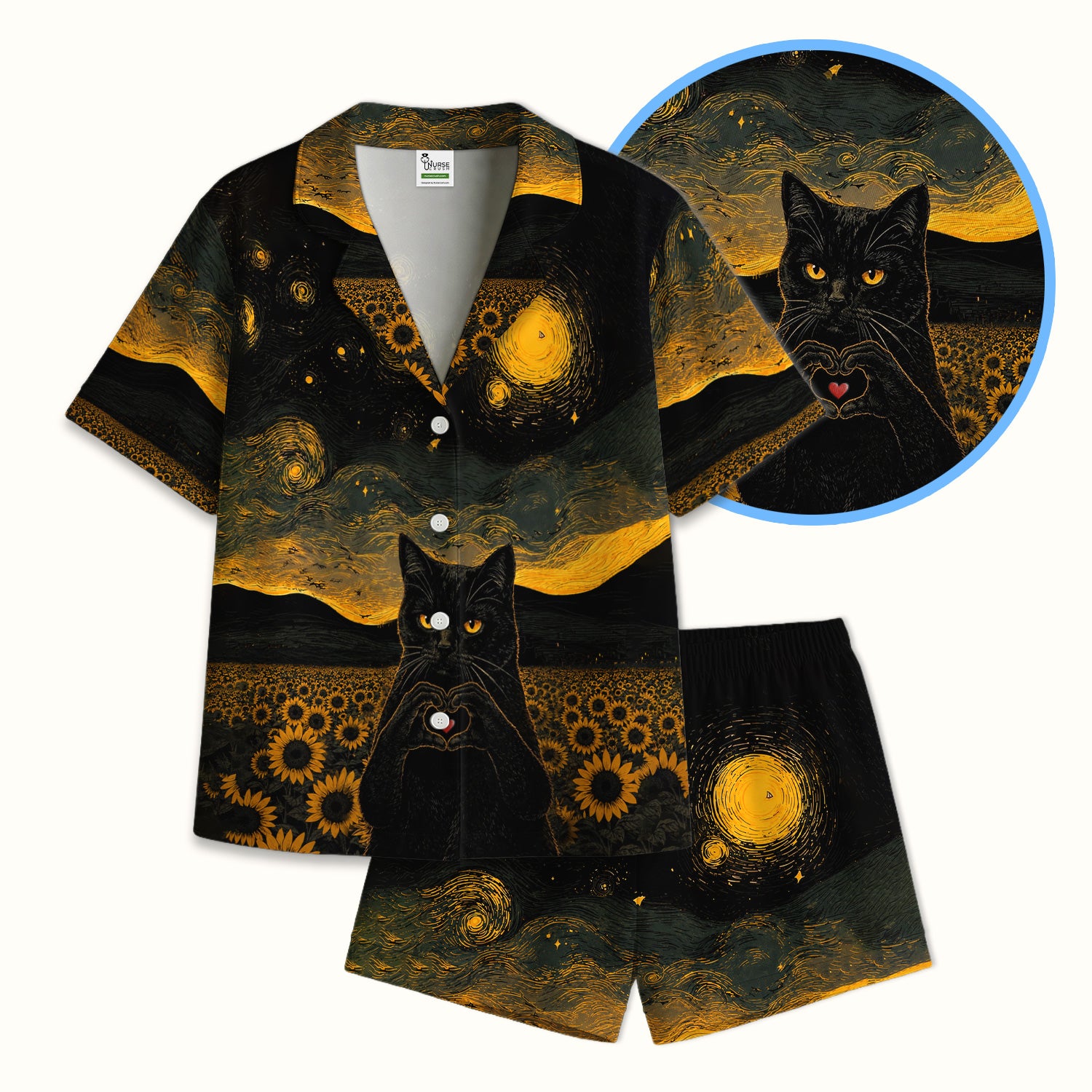 Cute Black Cat Sunflower Night Pattern Pajama Set, Soft Breathable Fabric Comfortable Sleepwear