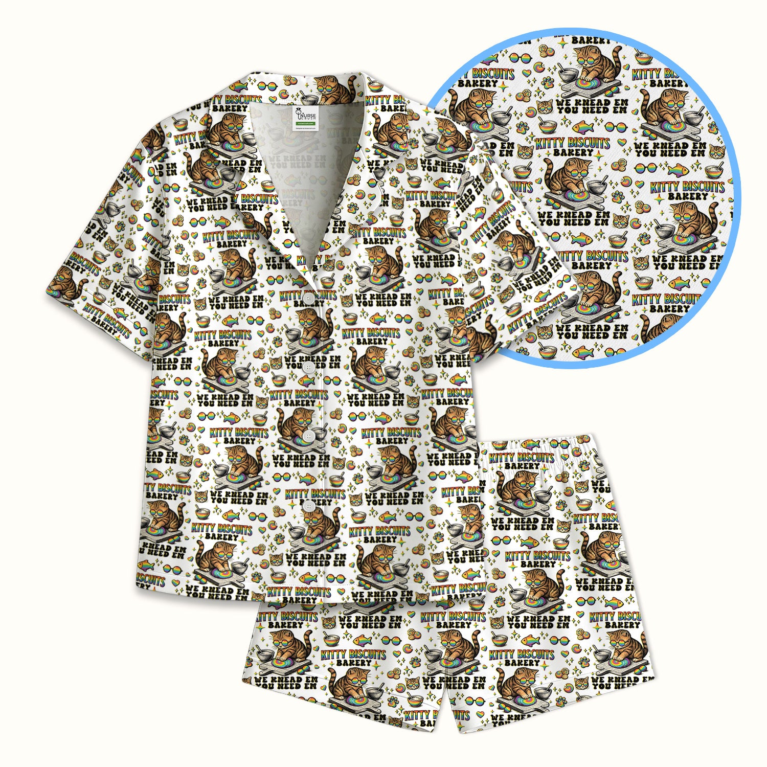 Pride Nurse Cat Baking Rainbow Dough Pattern Pajama Set, Breathable Fabrics Uniform