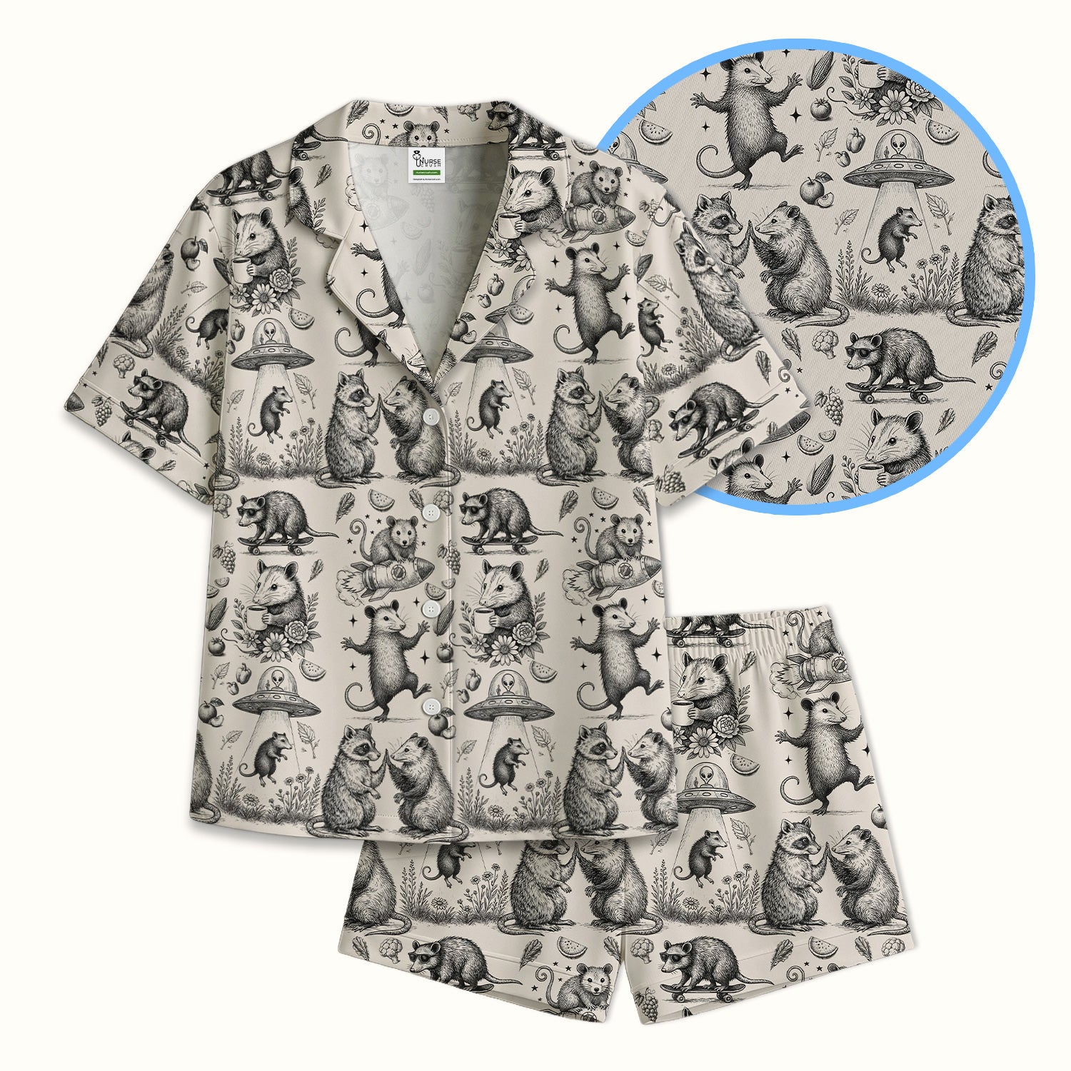Funny Nurse Vintage Possum Raccoon High Five UFO Pattern Pajama Set, Breathable Fabrics Uniform