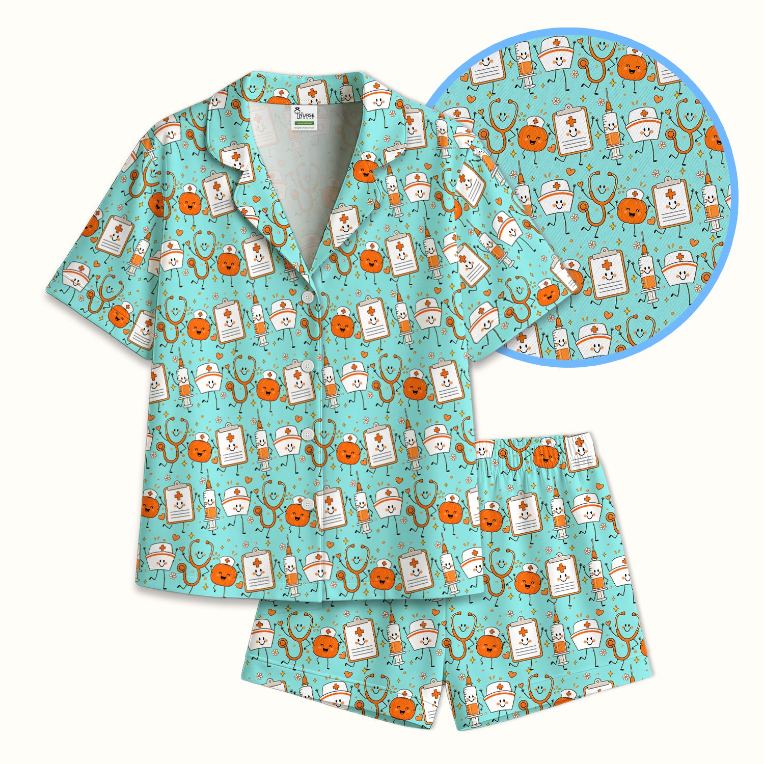Halloween Stethoscope And Medical Icons Pajama Set, Soft Breathable Fabric Comfortable Sleepwear