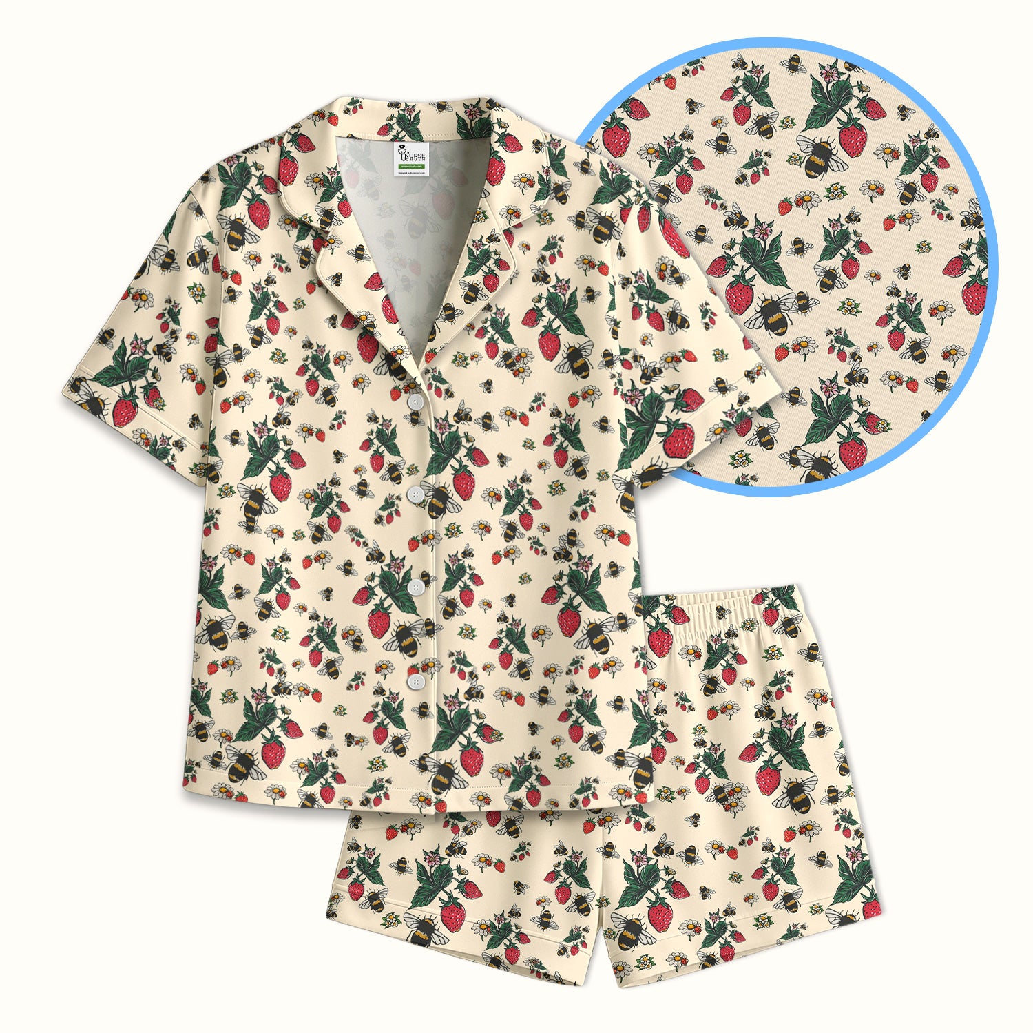 Cute Strawberry Bee Daisy Floral Pattern Pajama Set, Breathable Fabrics Uniform