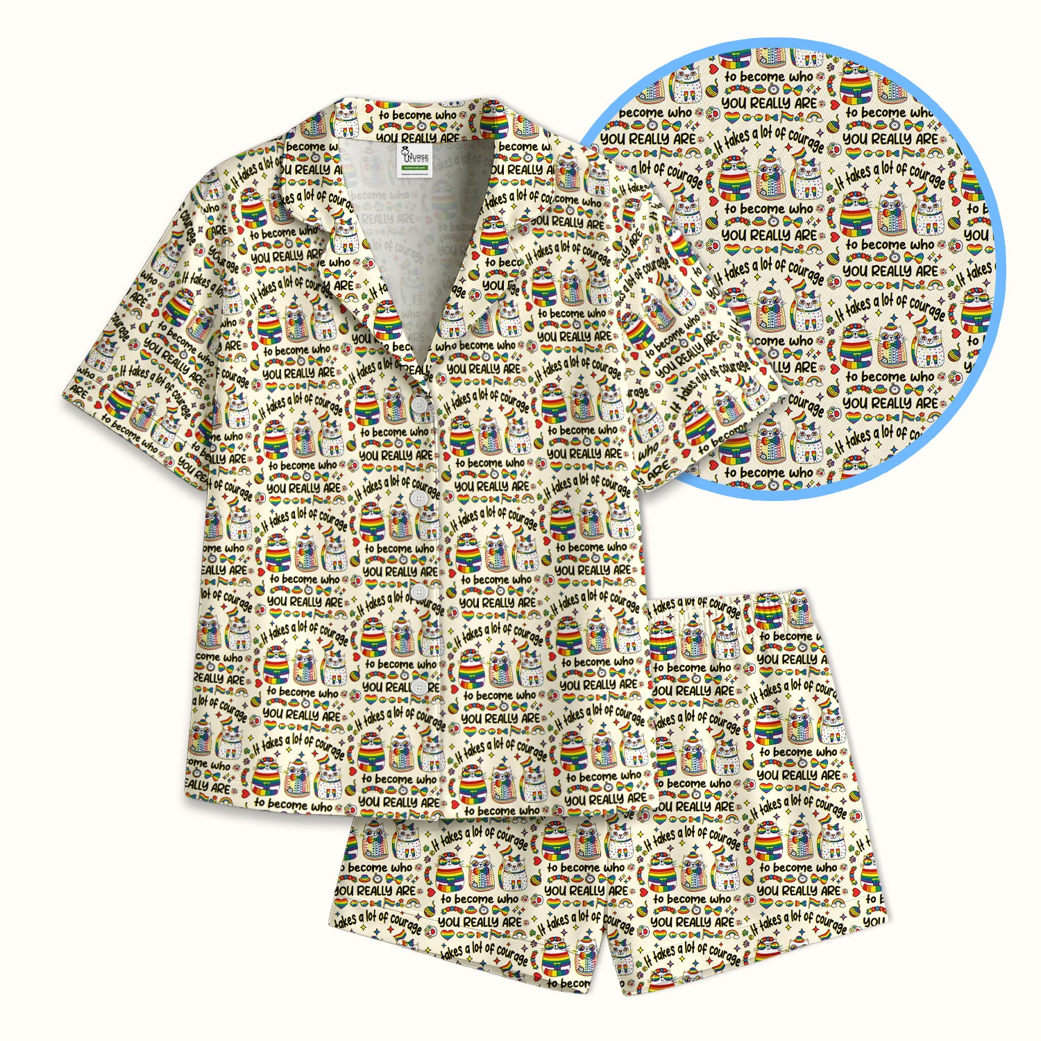 Inspirational Nurse Rainbow Cat Courage Quote Pattern Pajama Set, Breathable Fabrics Uniform