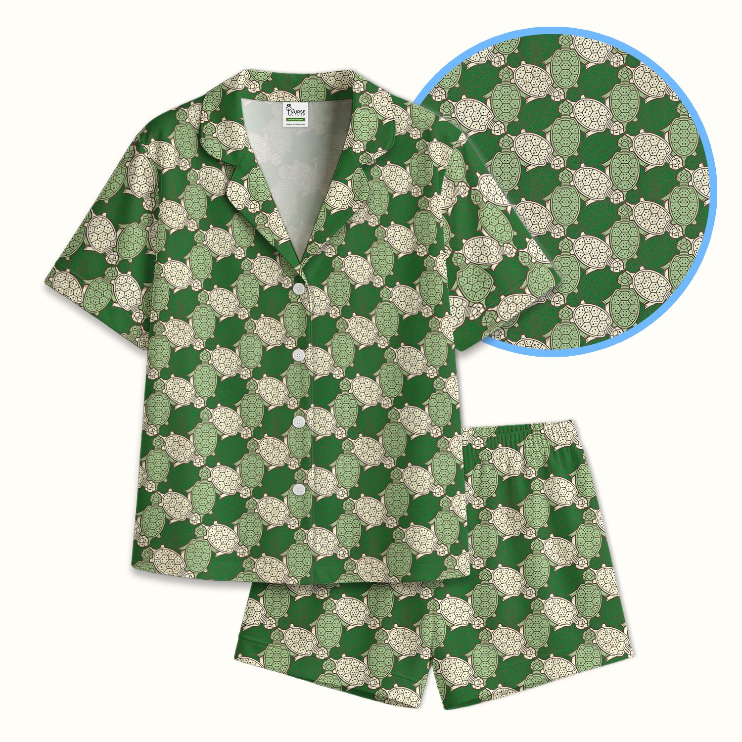 Green Sea Turtle Shell Pattern Pajama Set, Soft Breathable Fabric Comfortable Sleepwear