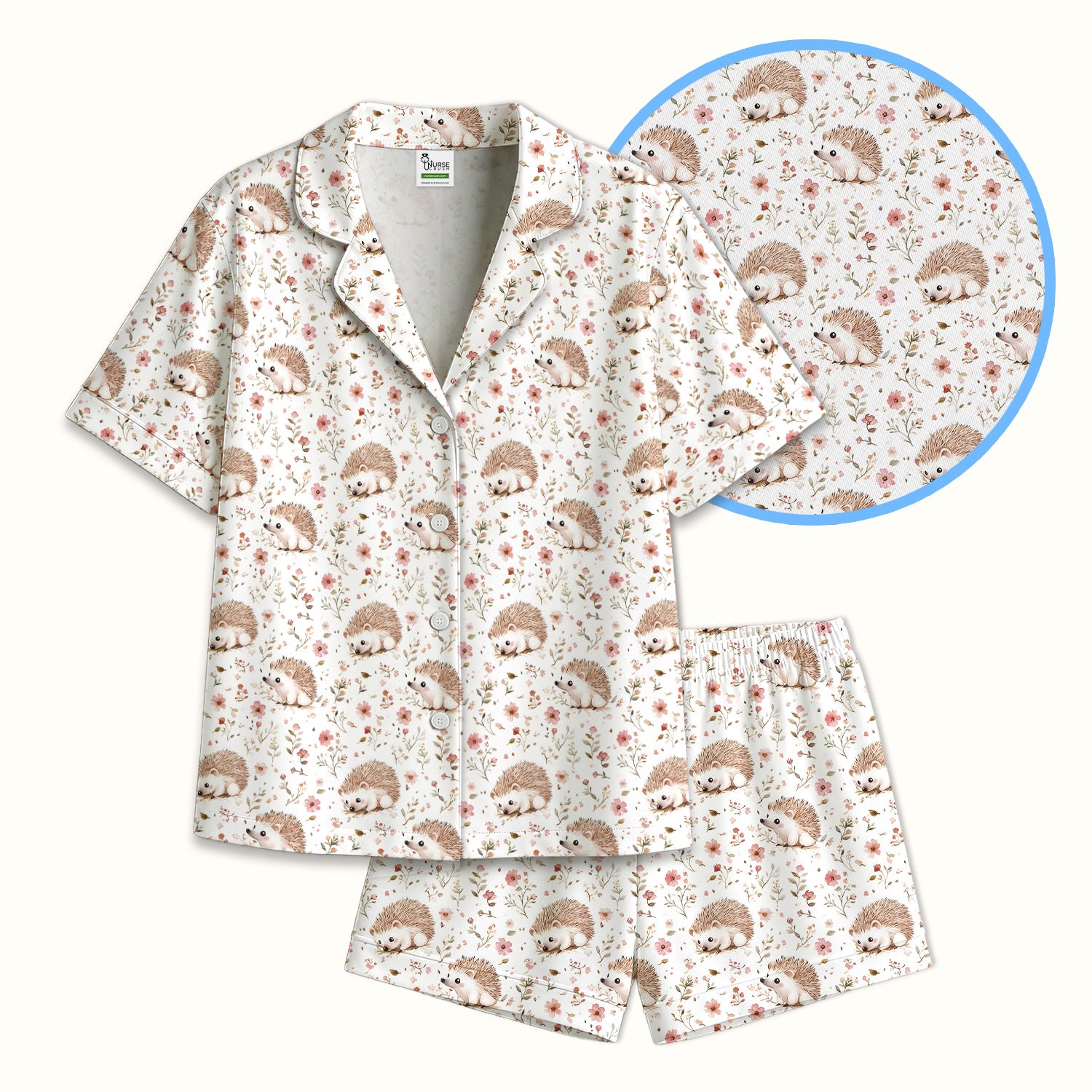 Cute Hedgehog Wildflower Garden Pattern Pajama Set, Soft Breathable Fabric Comfortable Sleepwear