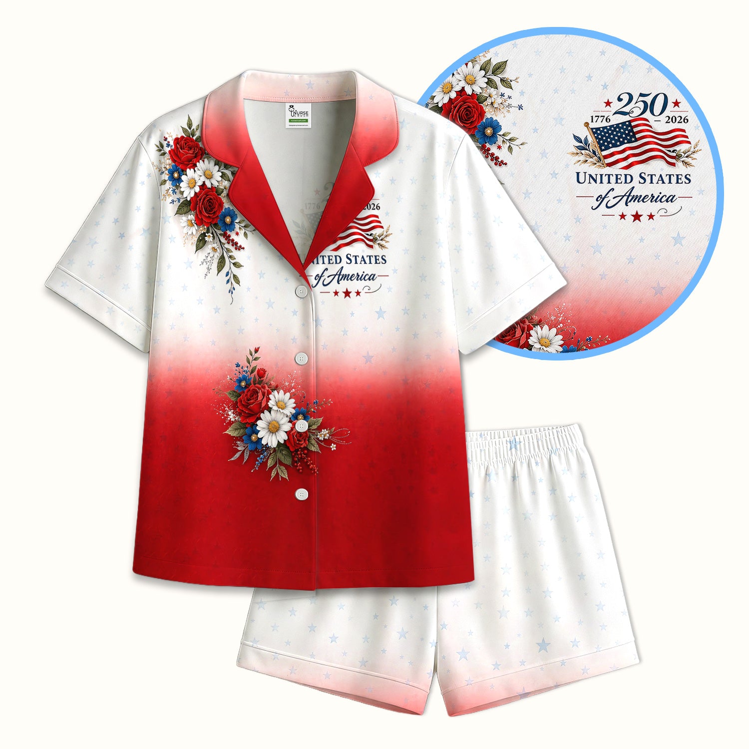 Patriotic 250th Flag Floral Pattern Pajama Set, Soft Breathable Fabric Comfortable Sleepwear