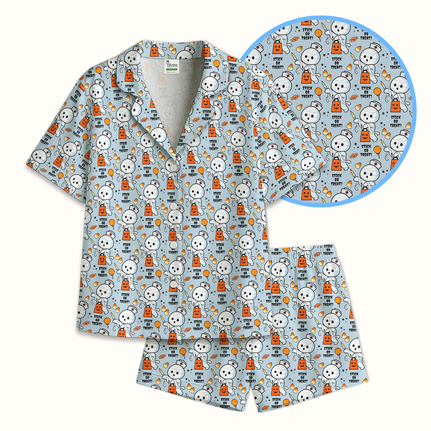 Funny Halloween Stick Or Treat Mummy Nurse Pajama Set, Soft Breathable Fabric Comfortable Sleepwear