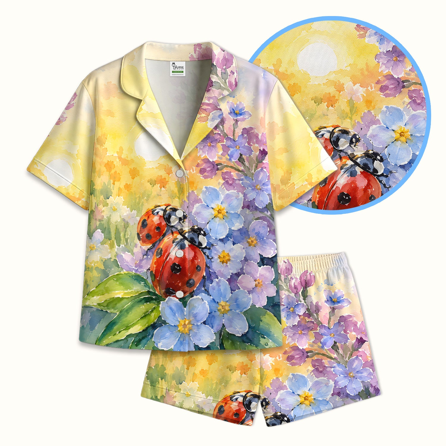 Ladybug Spring Flower Garden Print Scrub Top, Comfortable Scrubs for Nurses Pajama Set, Soft Breathable Fabric Comfortable Sleepwear