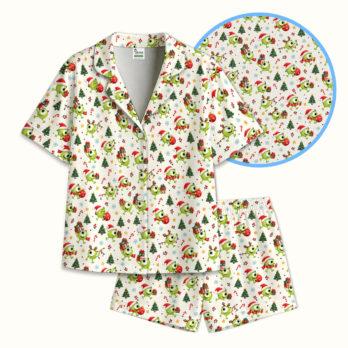 Christmas One Eyed Green Monsters Pajama Set, Soft Breathable Fabric Comfortable Sleepwear
