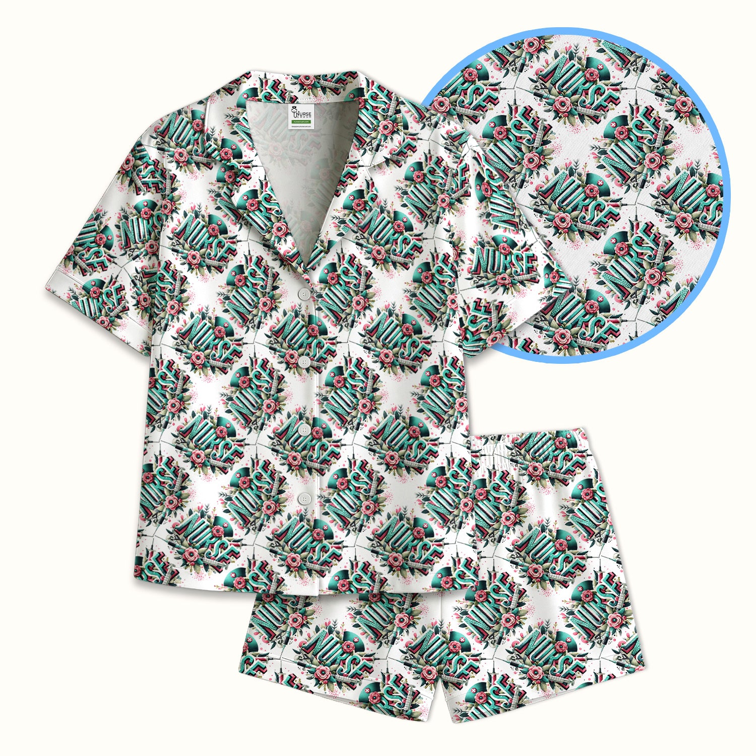 Cute Nurse Typography Floral Medical Pattern Pajama Set, Soft Breathable Fabric Comfortable Sleepwear