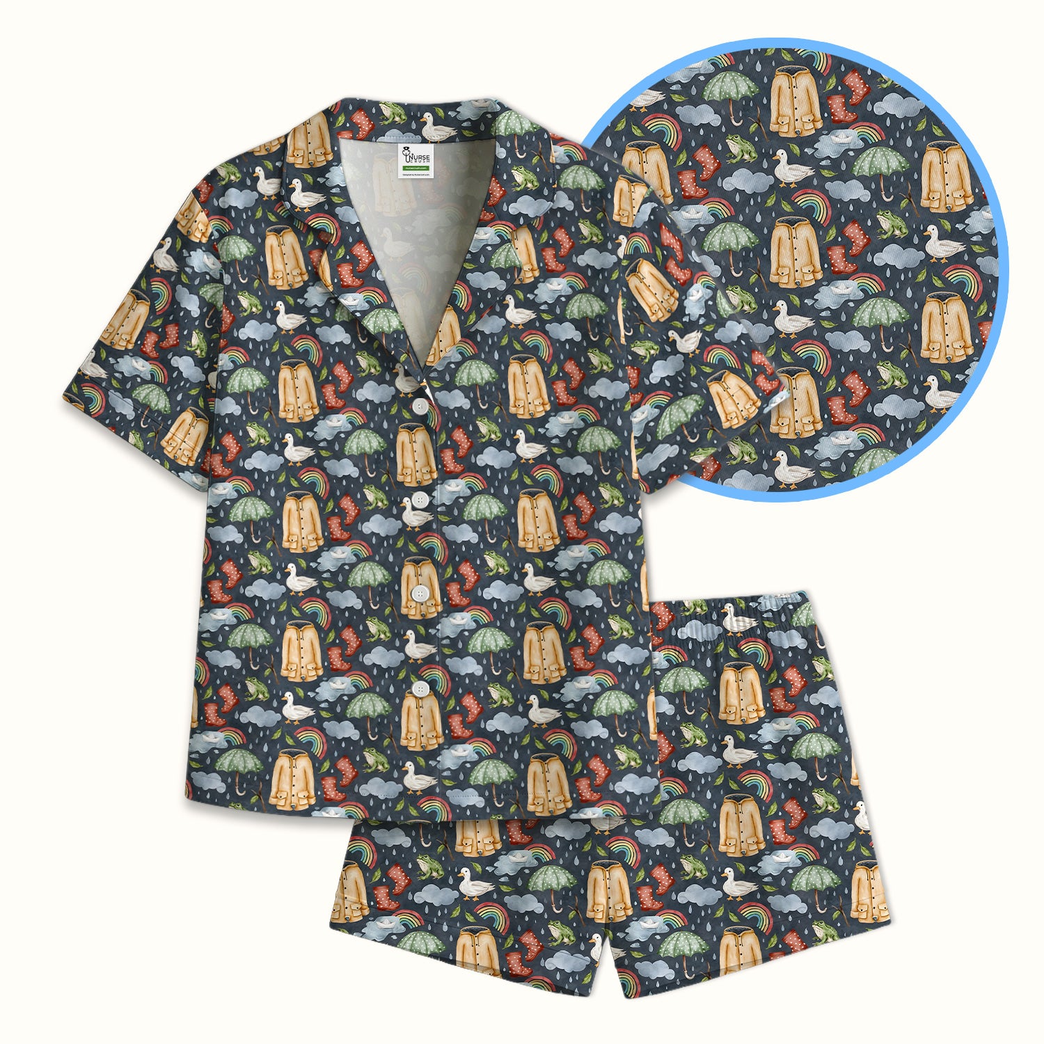 Cute Rainy Day Ducks & Frog Rainbow Pattern Pajama Set, Soft Breathable Fabric Comfortable Sleepwear