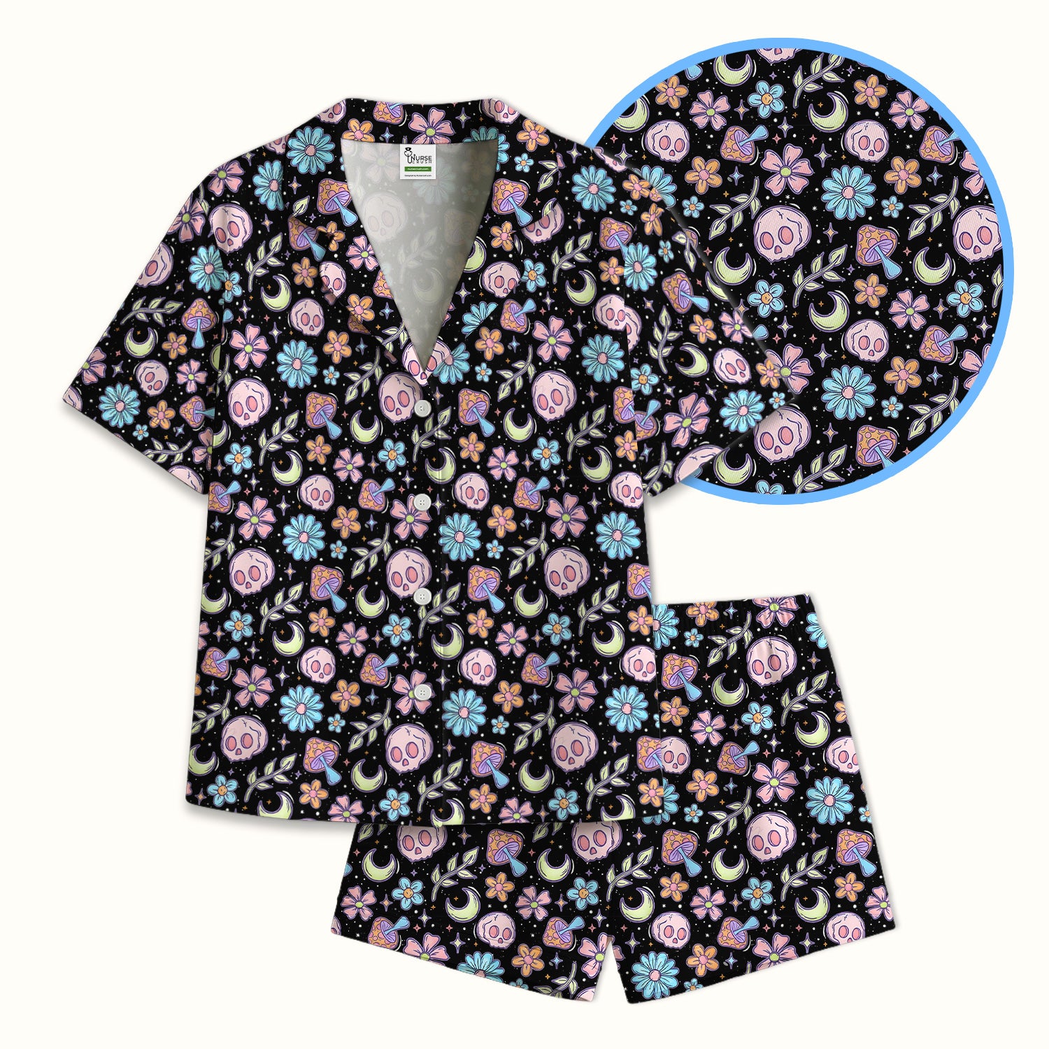 Neon Skull Mushroom Floral Pajama Set, Colorful Gothic Fabrics Uniform