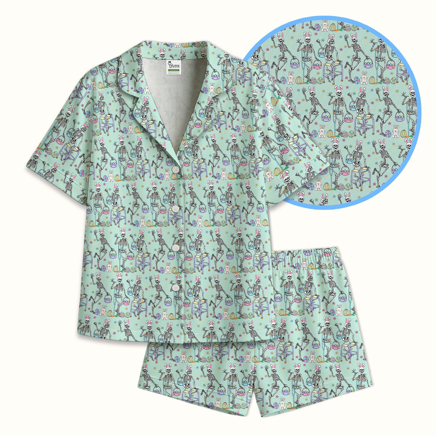 Fun Skeleton Bunny Easter Print Pajama Set, Breathable Fabrics Uniform