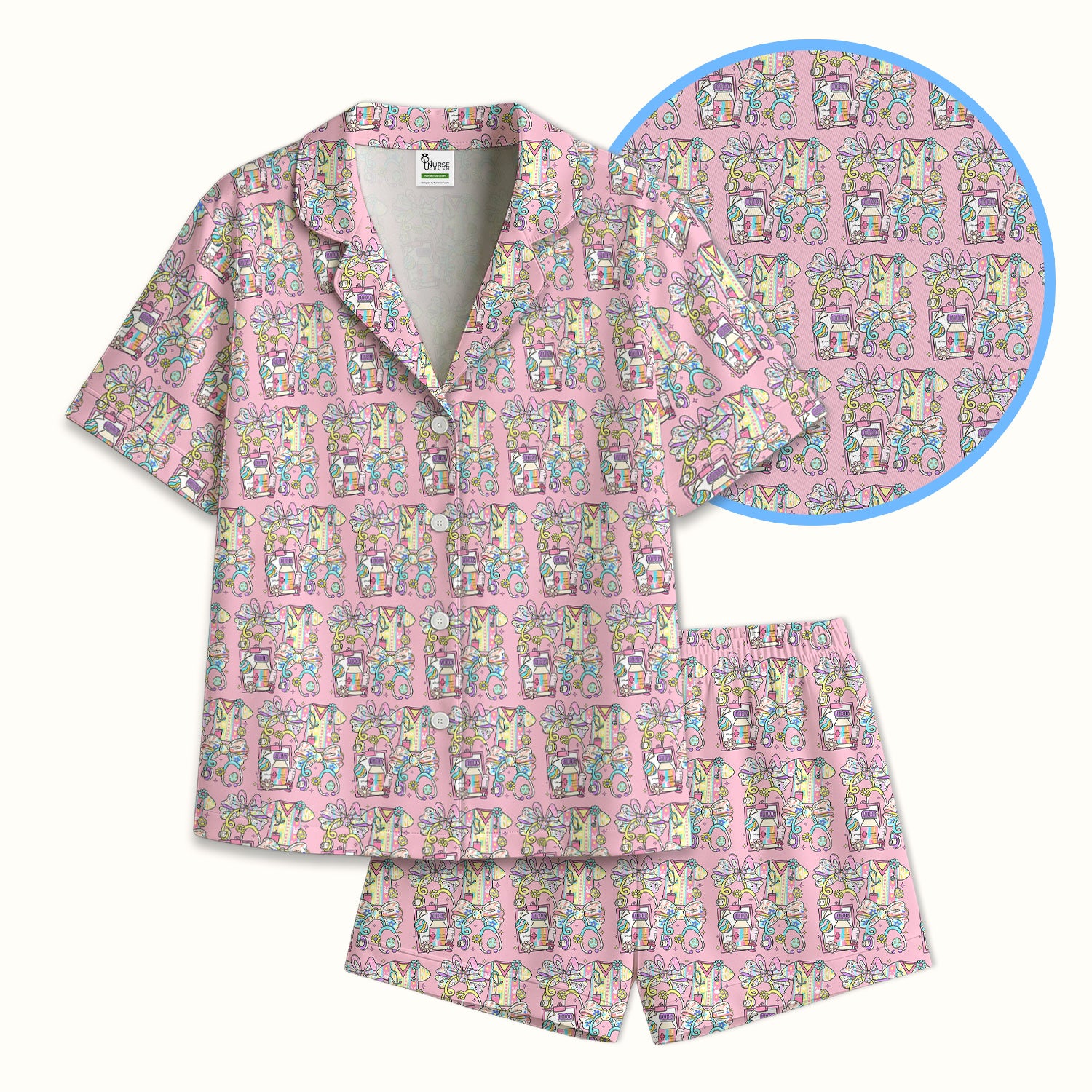 Colorful Nurse Scrub Supplies Pattern Pajama Set, Breathable Fabrics Uniform