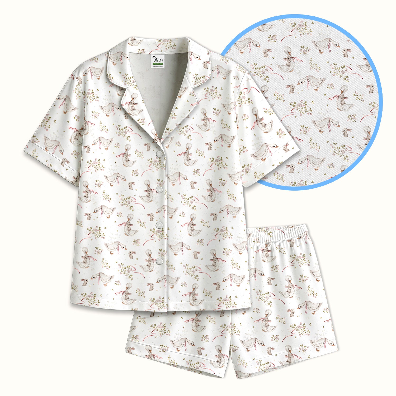 Cute Duck Bunny Floral Print Pajama Set, Soft Breathable Fabric Comfortable Sleepwear