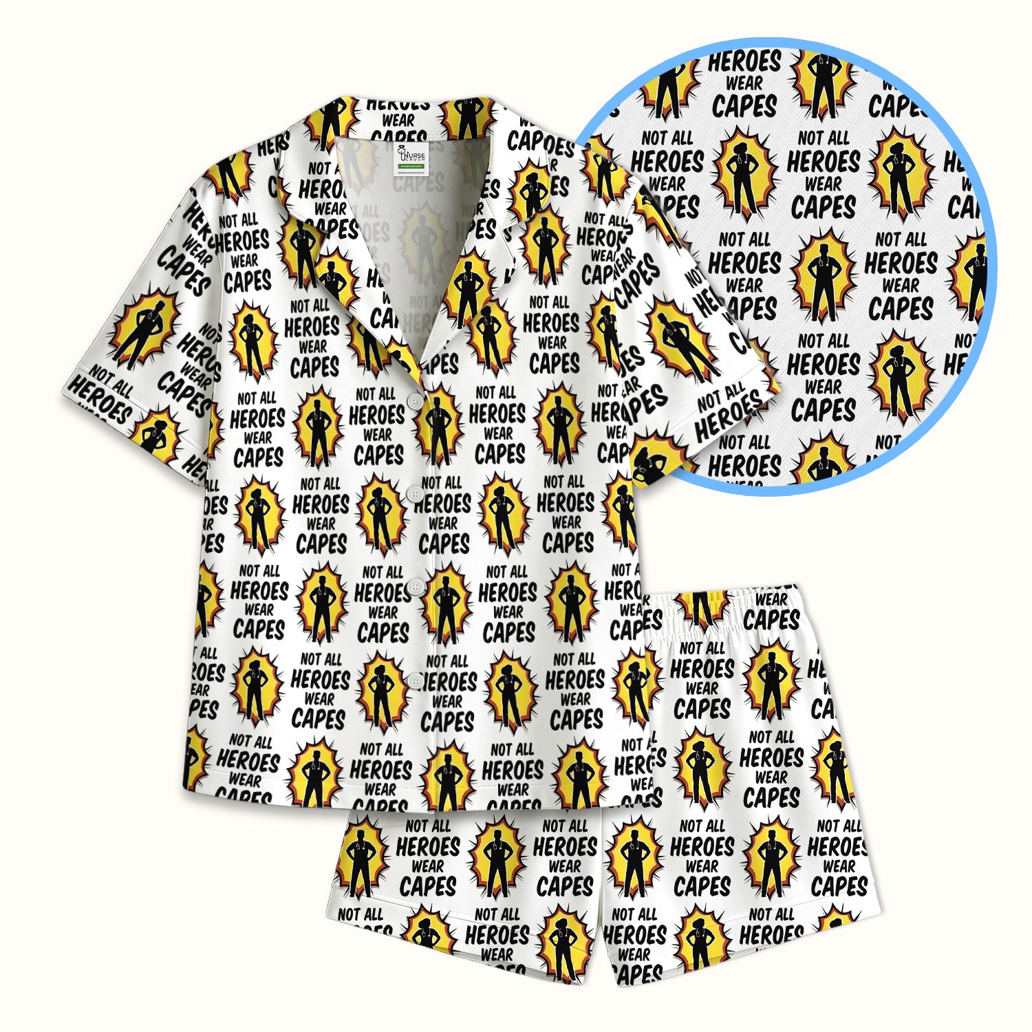Not All Heroes Wear Capes Nurse Pattern Pajama Set, Breathable Fabrics Uniform
