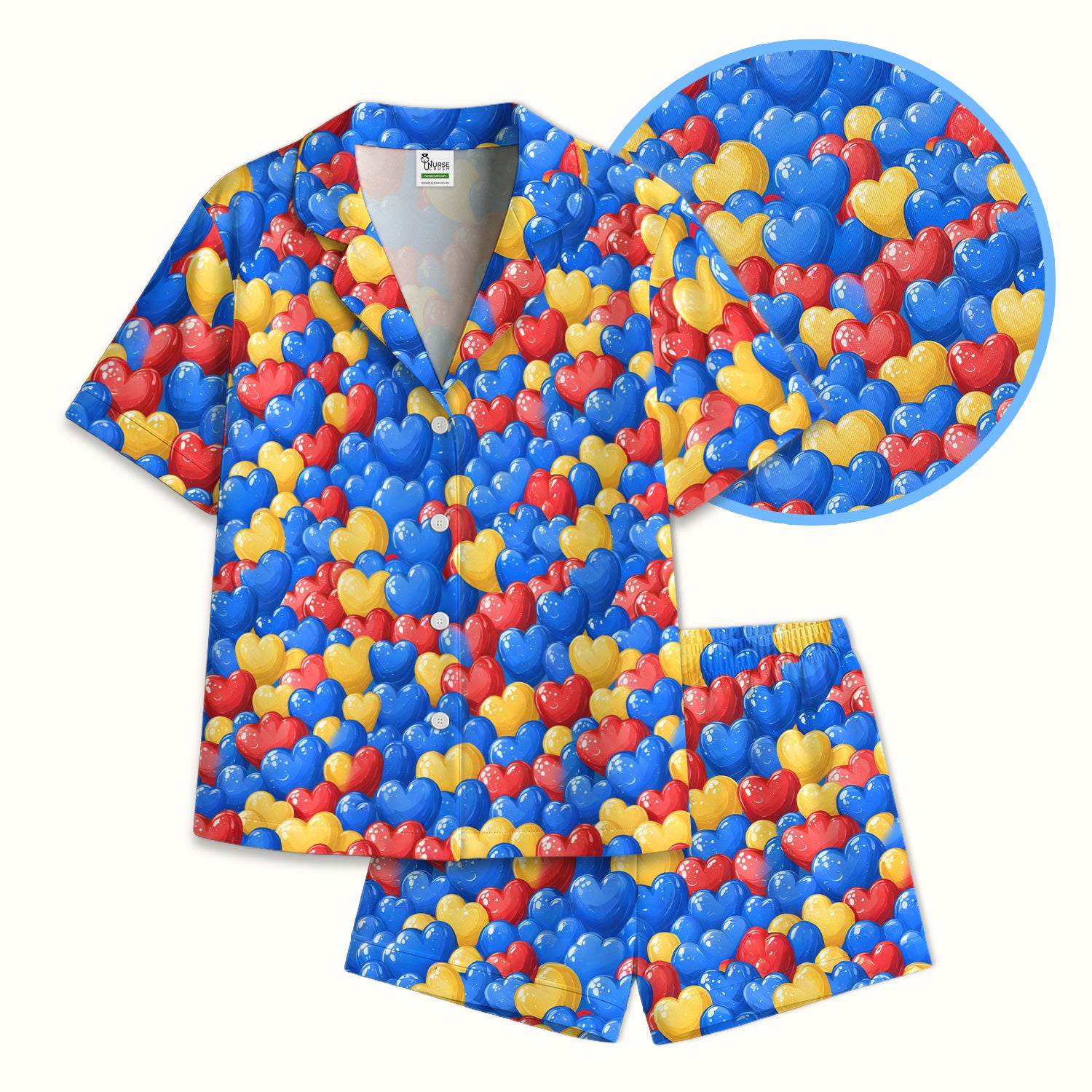 Colorful Autism Heart Pattern Pajama Set, Soft Breathable Fabric Comfortable Sleepwear