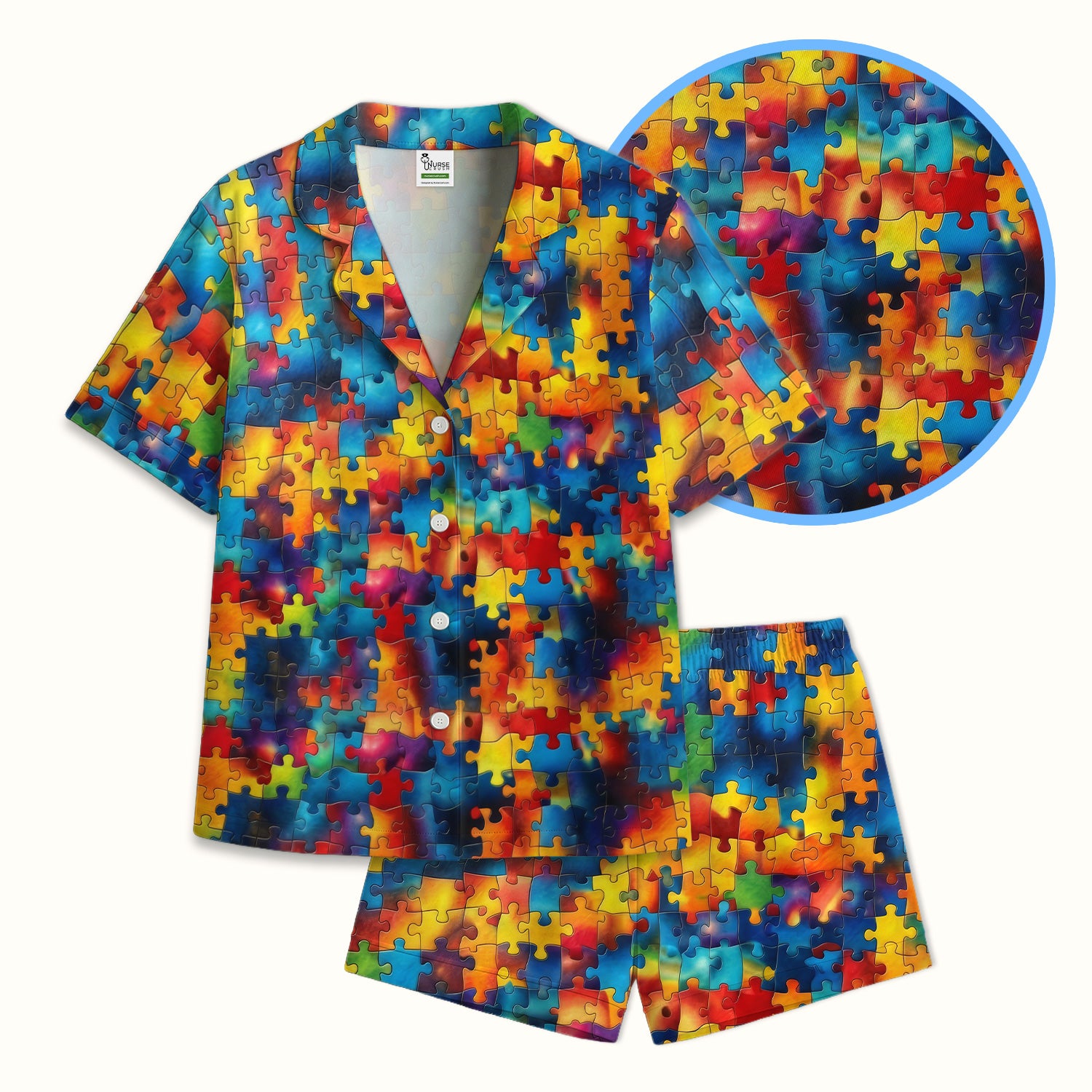Bright Rainbow Puzzle Piece Art Pajama Set, Soft Breathable Fabric Comfortable Sleepwear