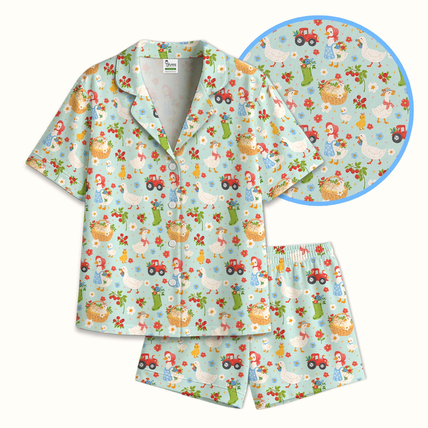 Farm Duck Chicken Tractor Flower Basket Pajama Set, Breathable Fabrics Uniform