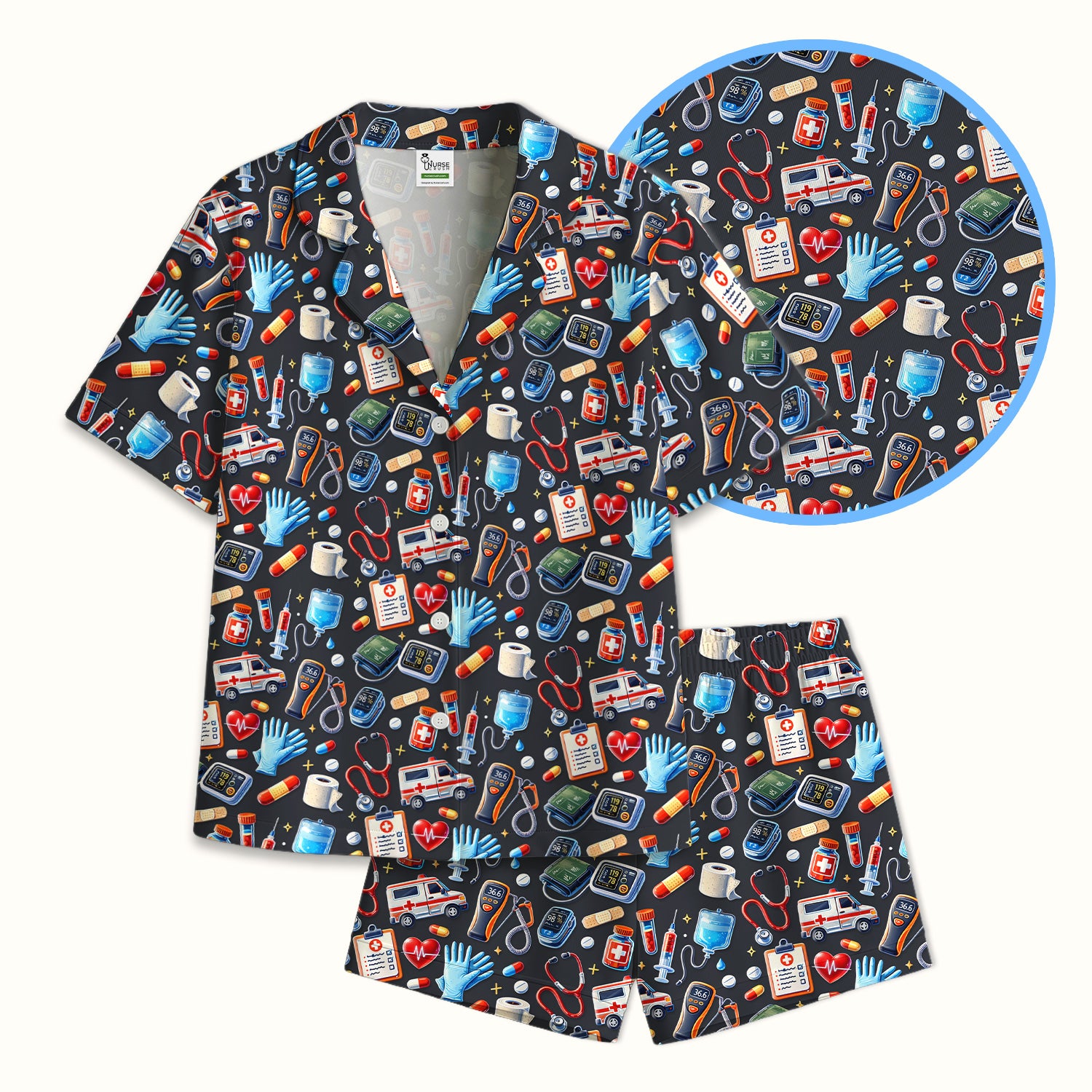 Medical Tools Pattern Ambulance Stethoscope Pajama Set, Breathable Fabrics Uniform