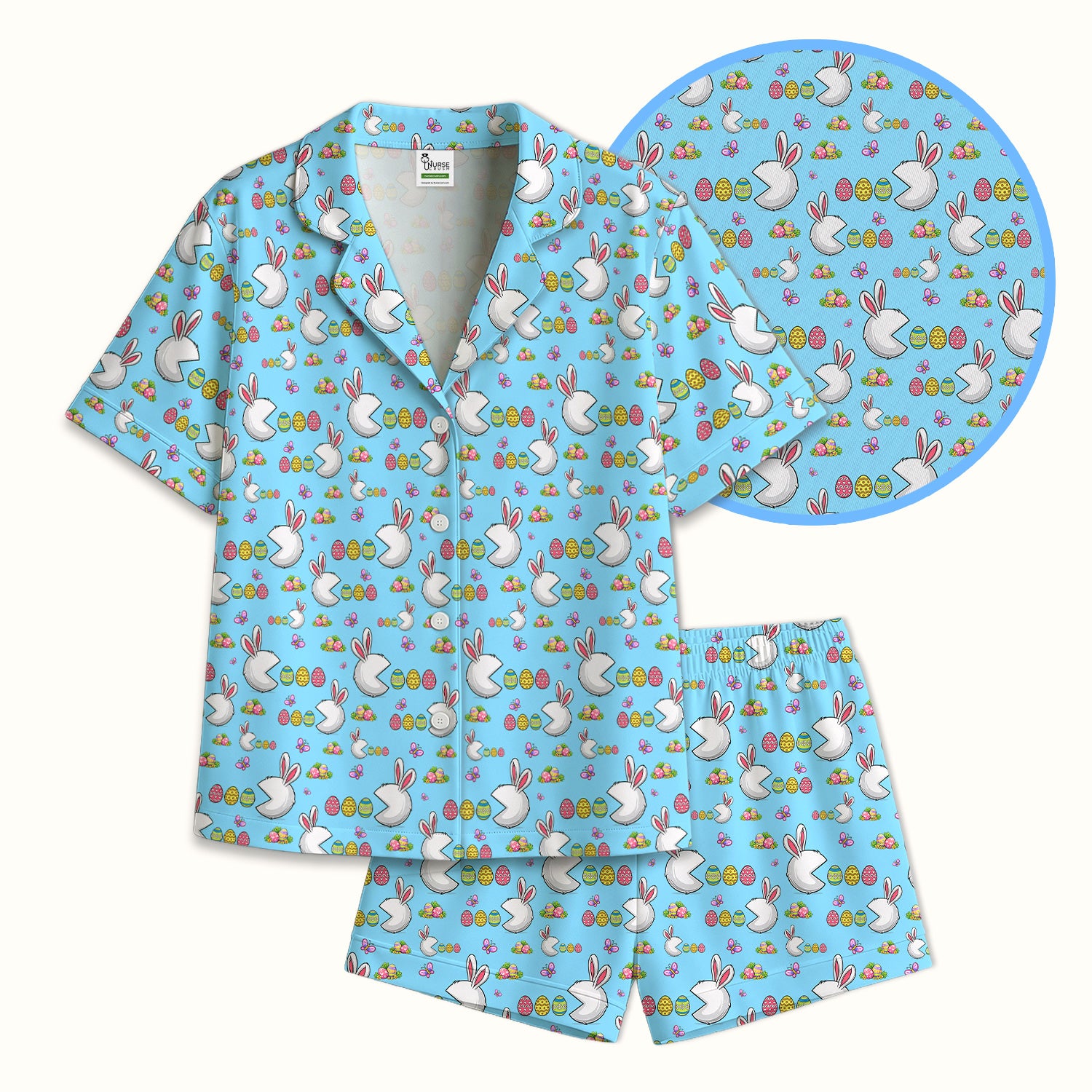 Easter Bunny and Colorful Eggs Print  Pajama Set, Breathable Fabrics Uniform