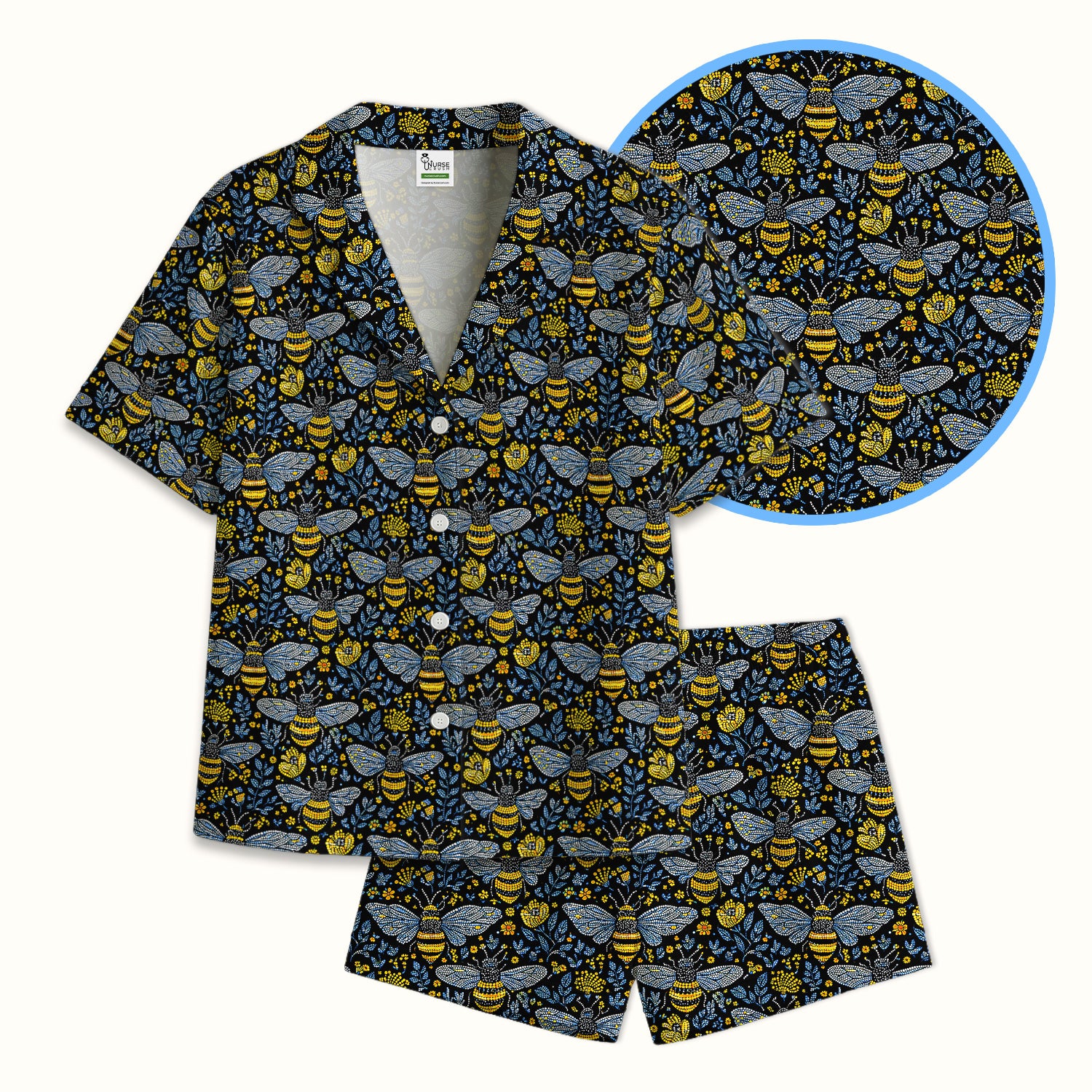 Honey Bee And Wildflower Garden Pattern Pajama Set, Breathable Fabrics Uniform