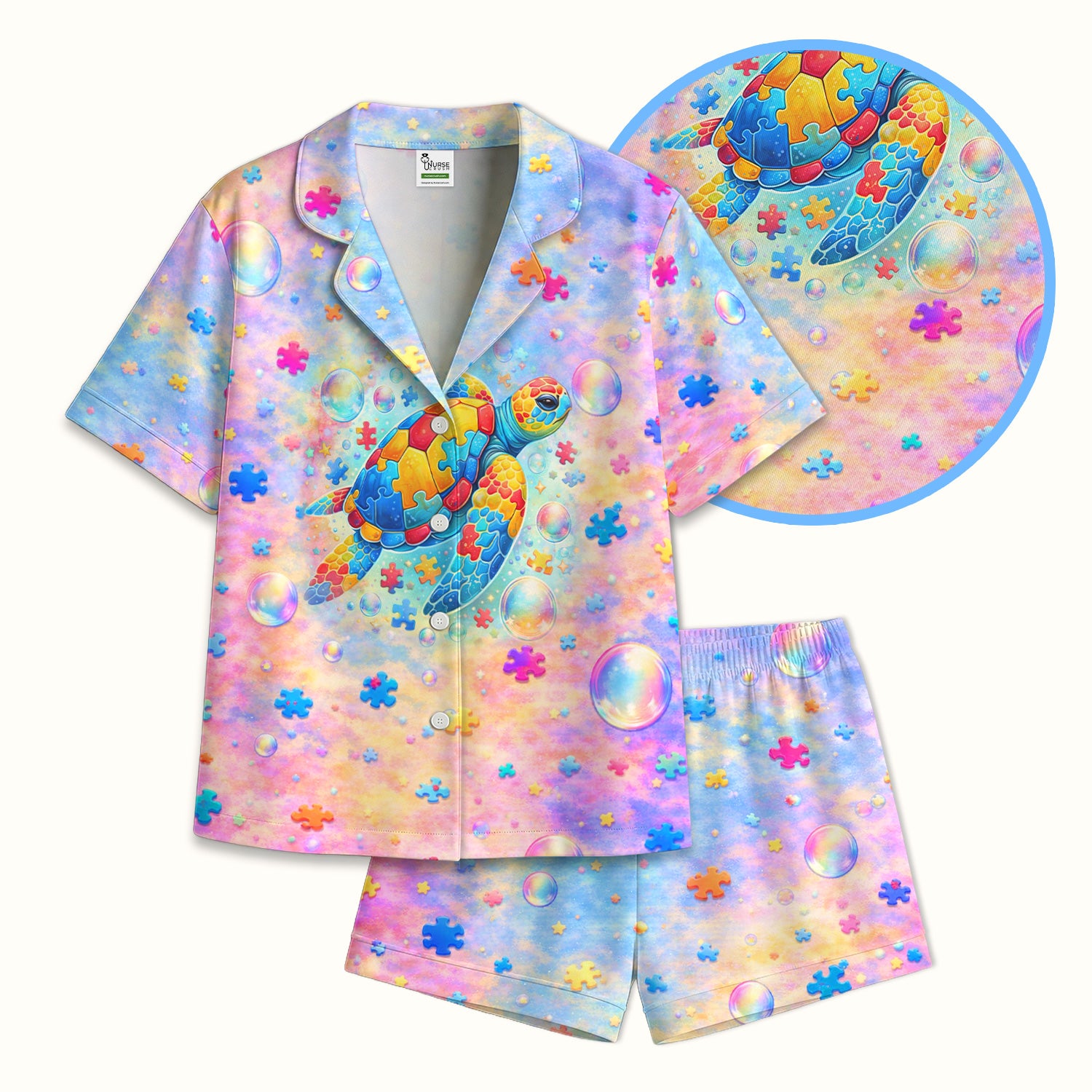 Autism Puzzle Sea Turtle Pastel Rainbow Print Pajama Set, Soft Breathable Fabric Comfortable Sleepwear