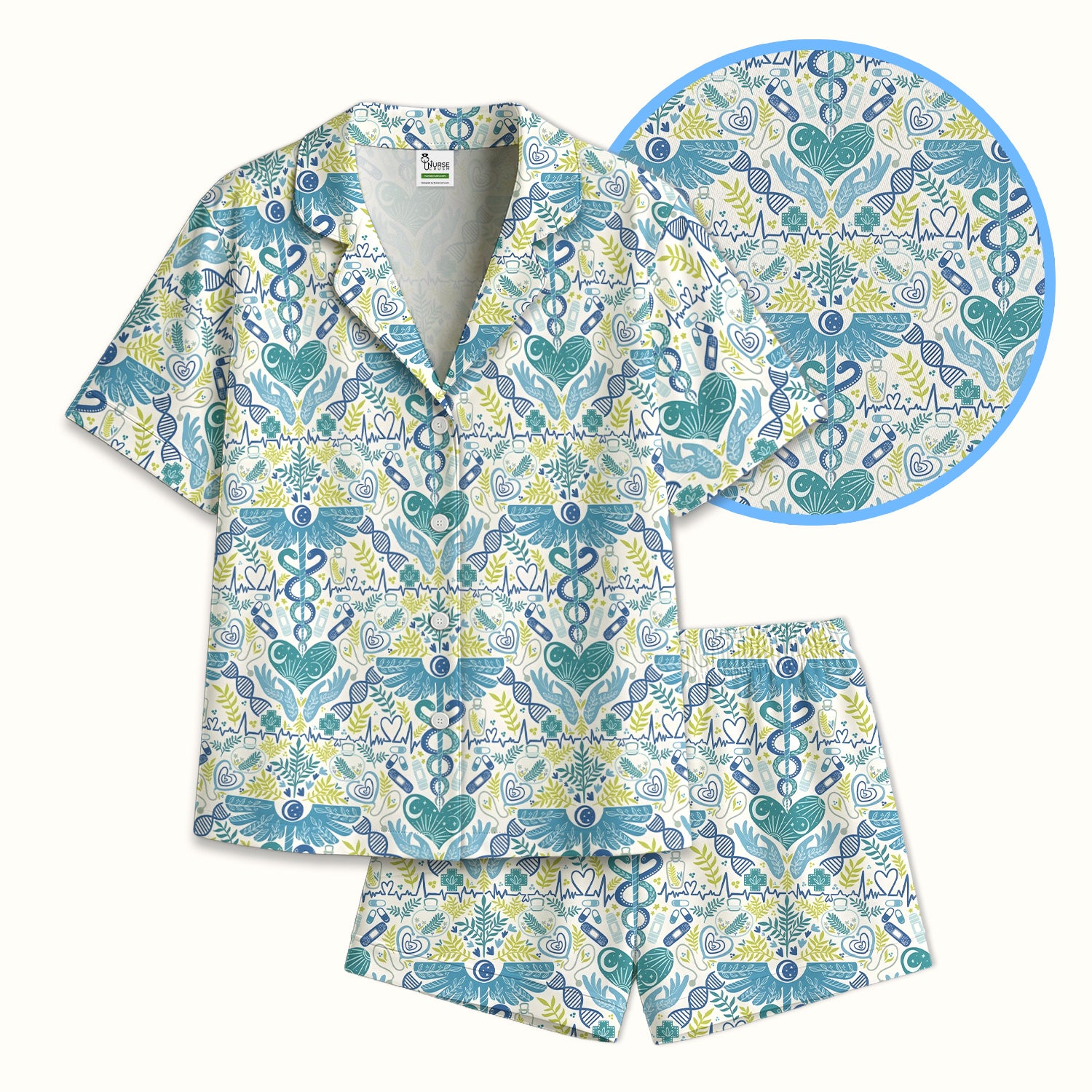 Inspirational Botanical Medical Caduceus Heart Nurse Pattern Pajama Set, Breathable Fabrics Uniform