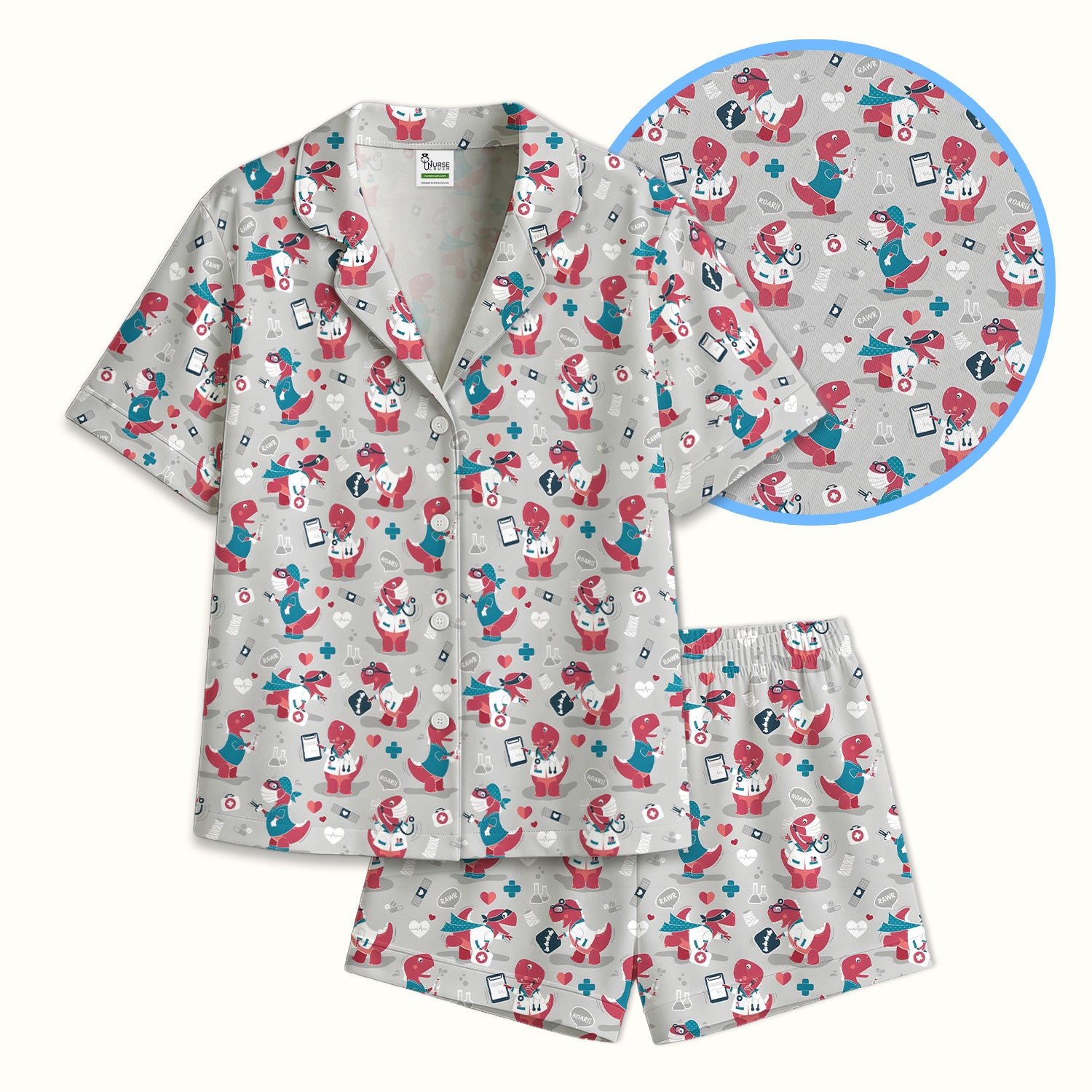 Cute Dinosaur Doctor Medical Pattern Pajama Set, Breathable Fabrics Uniform