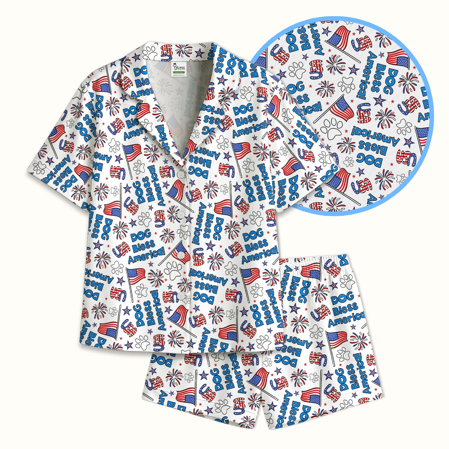 Funny Patriotic Dog Bless America Flag Pattern Pajama Set, Soft Breathable Fabric Comfortable Sleepwear
