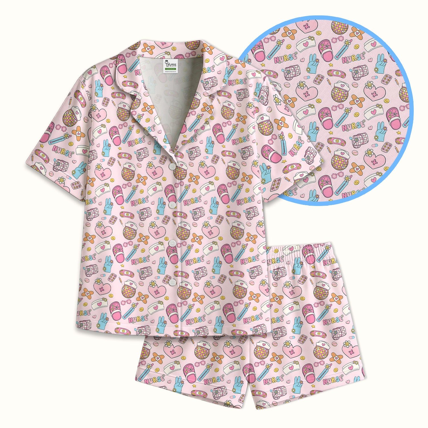 Cute Nurse Pink Medical Tools Pattern Pajama Set, Soft Breathable Fabric Comfortable Sleepwear