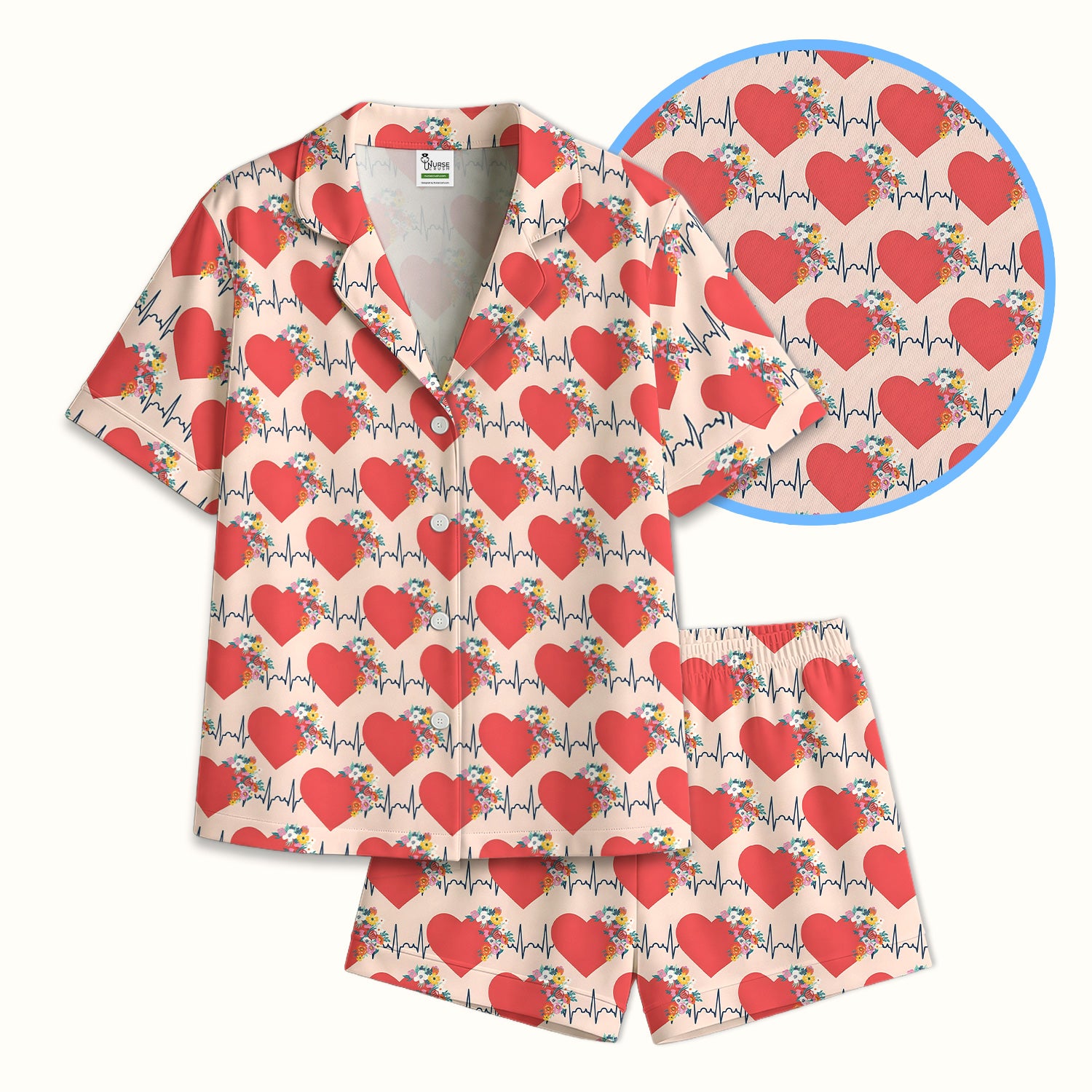 Nurse Heartbeat Floral Pattern Pajama Set, Soft Breathable Fabric Comfortable Sleepwear