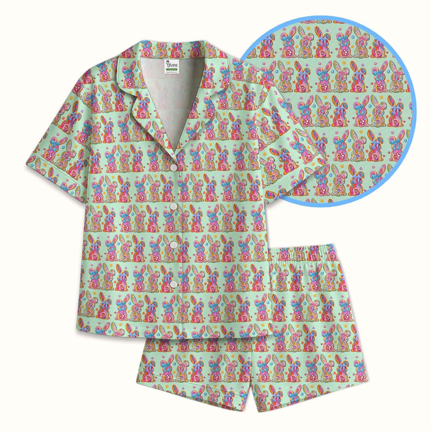 Cute Pastel Bunny Floral Pattern Pajama Set, Breathable Fabrics Uniform