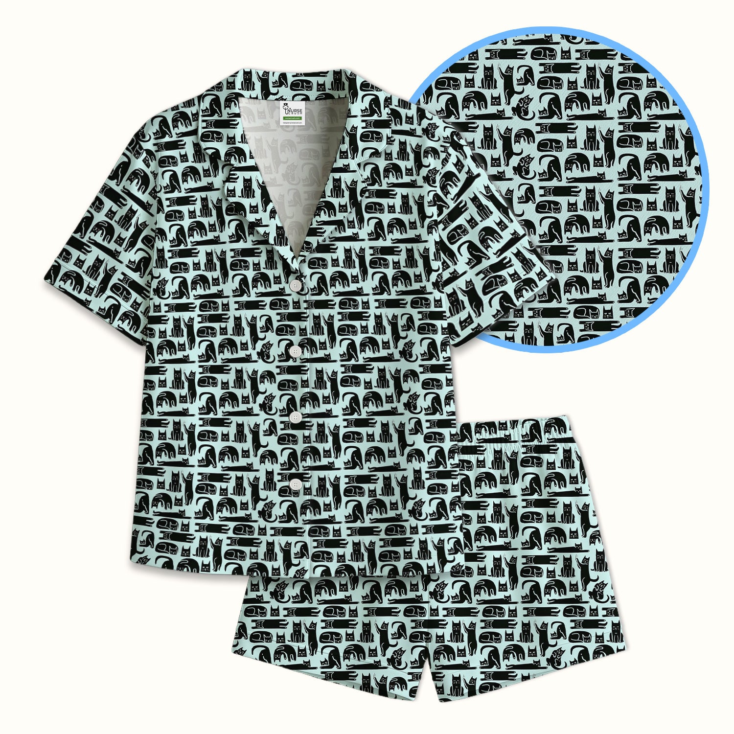 Cute Funny Cat Poses Print Pajama Set, Breathable Fabrics Uniform