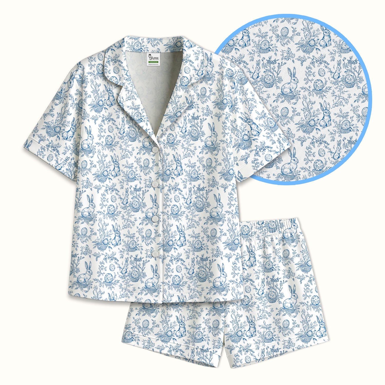 Easter Bunny Floral Egg Toile Pattern Pajama Set, Soft Breathable Fabric Comfortable Sleepwear