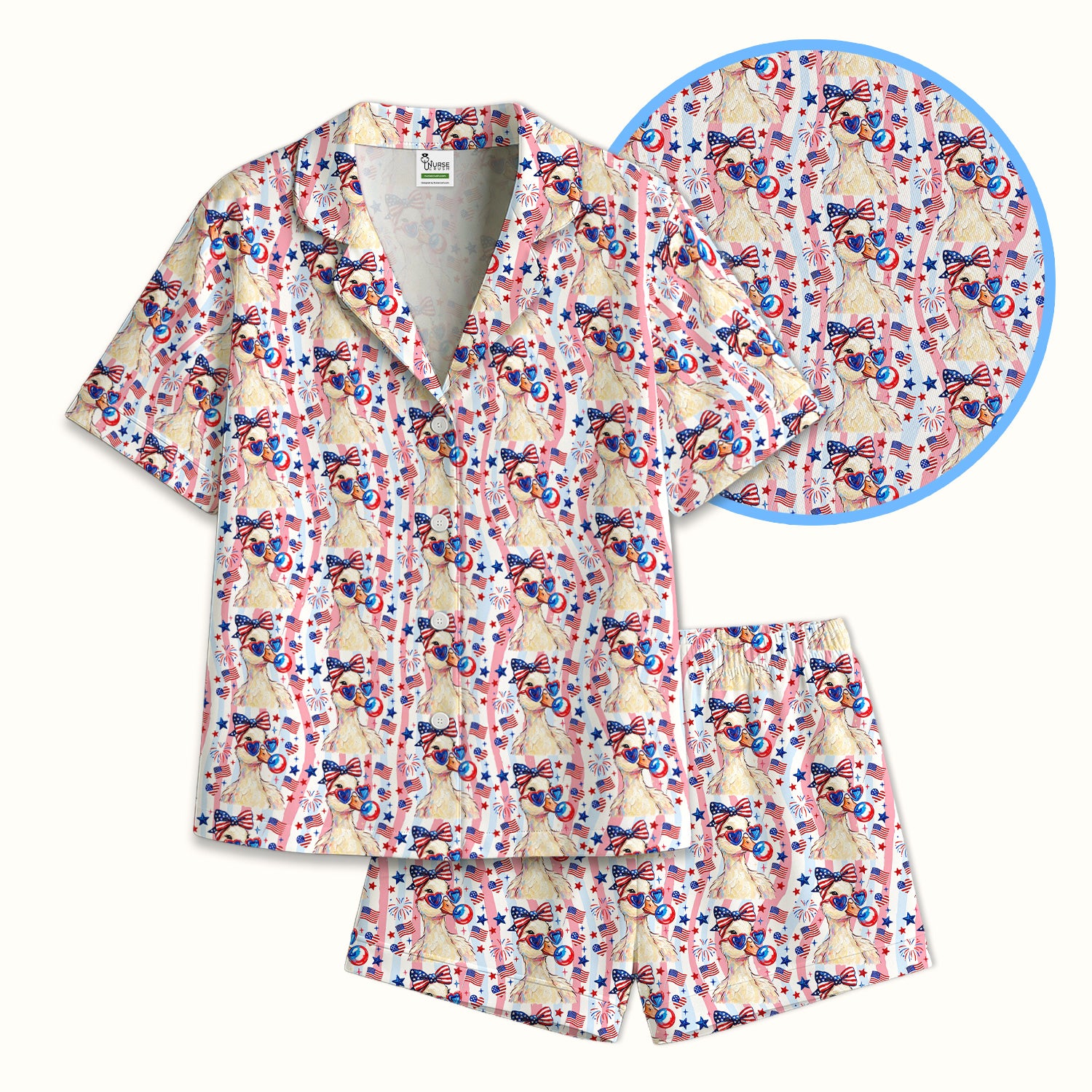 Cute Patriotic Goose Nurse Pattern Pajama Set, Soft Breathable Fabric Comfortable Sleepwear