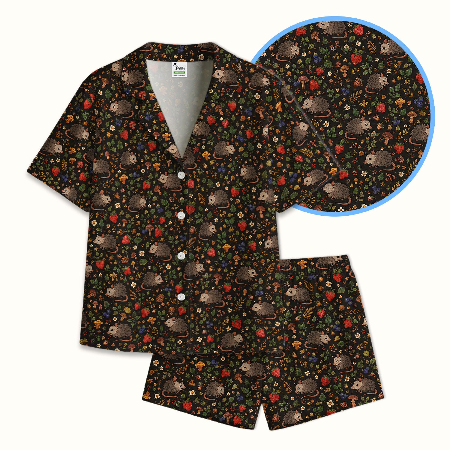 Woodland Opossum Berry Mushroom Pattern Pajama Set, Soft Breathable Fabric Comfortable Sleepwear