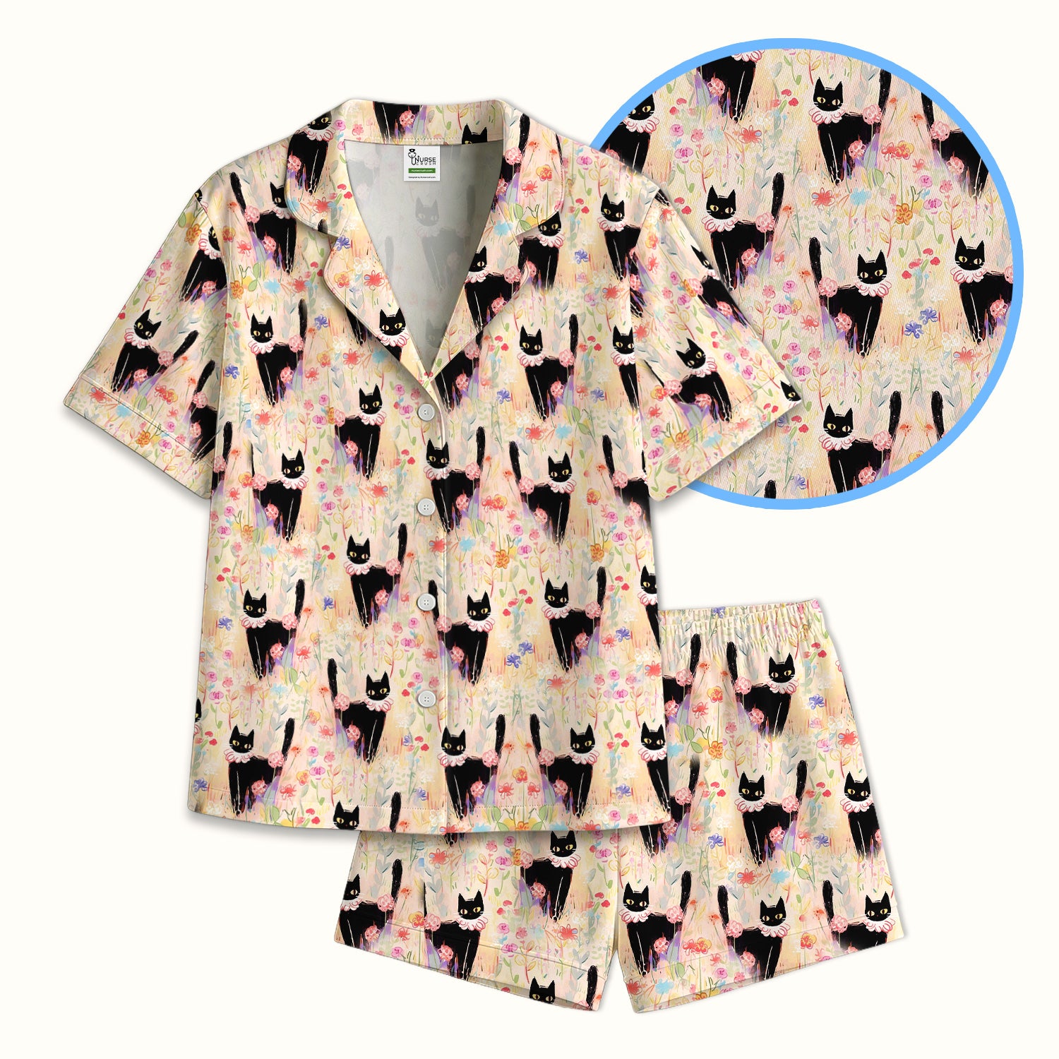 Black Cat Floral Garden Nurse Pattern Pajama Set, Soft Breathable Fabric Comfortable Sleepwear