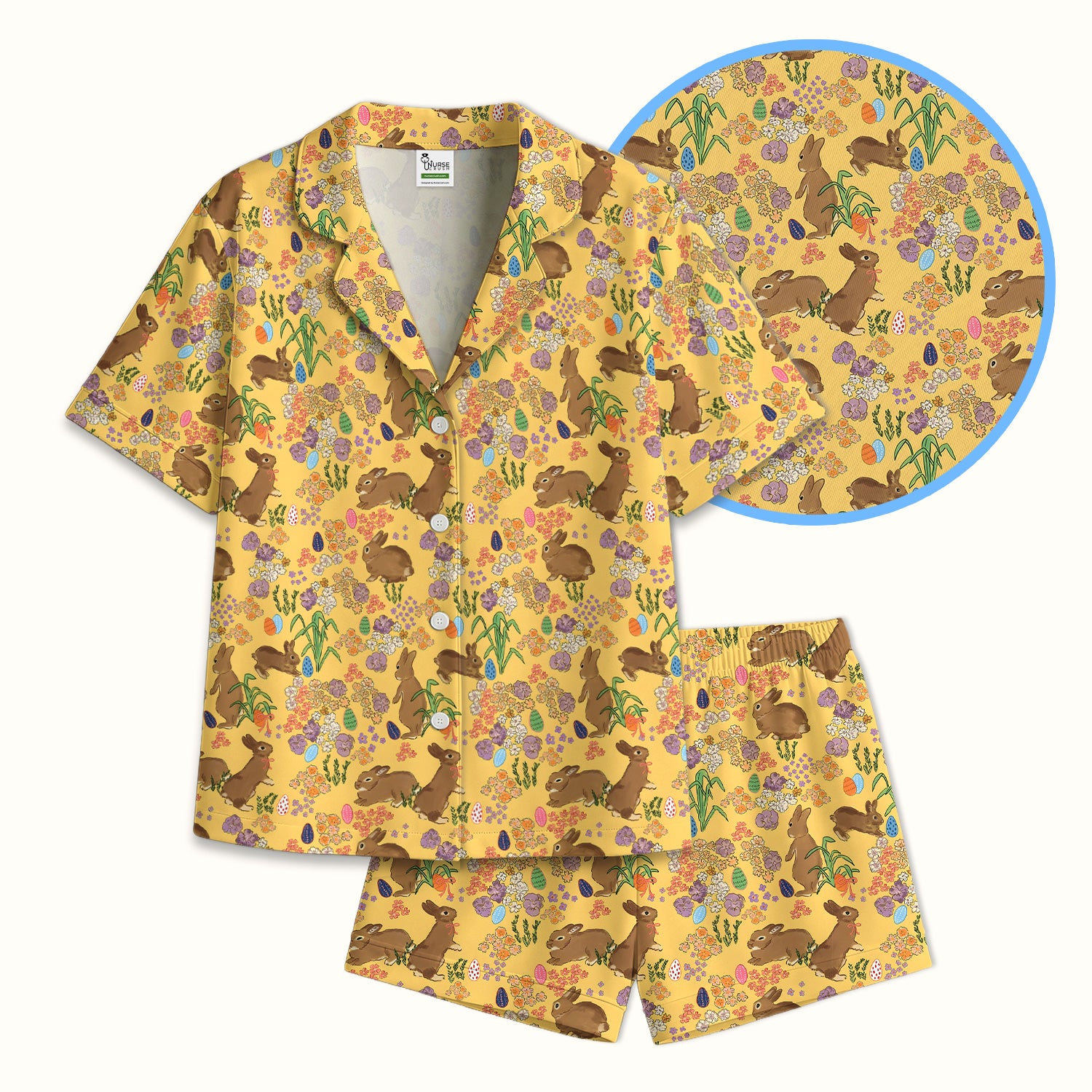 Cute Easter Bunny Pattern Pajama Set, Soft Breathable Fabric Comfortable Sleepwear