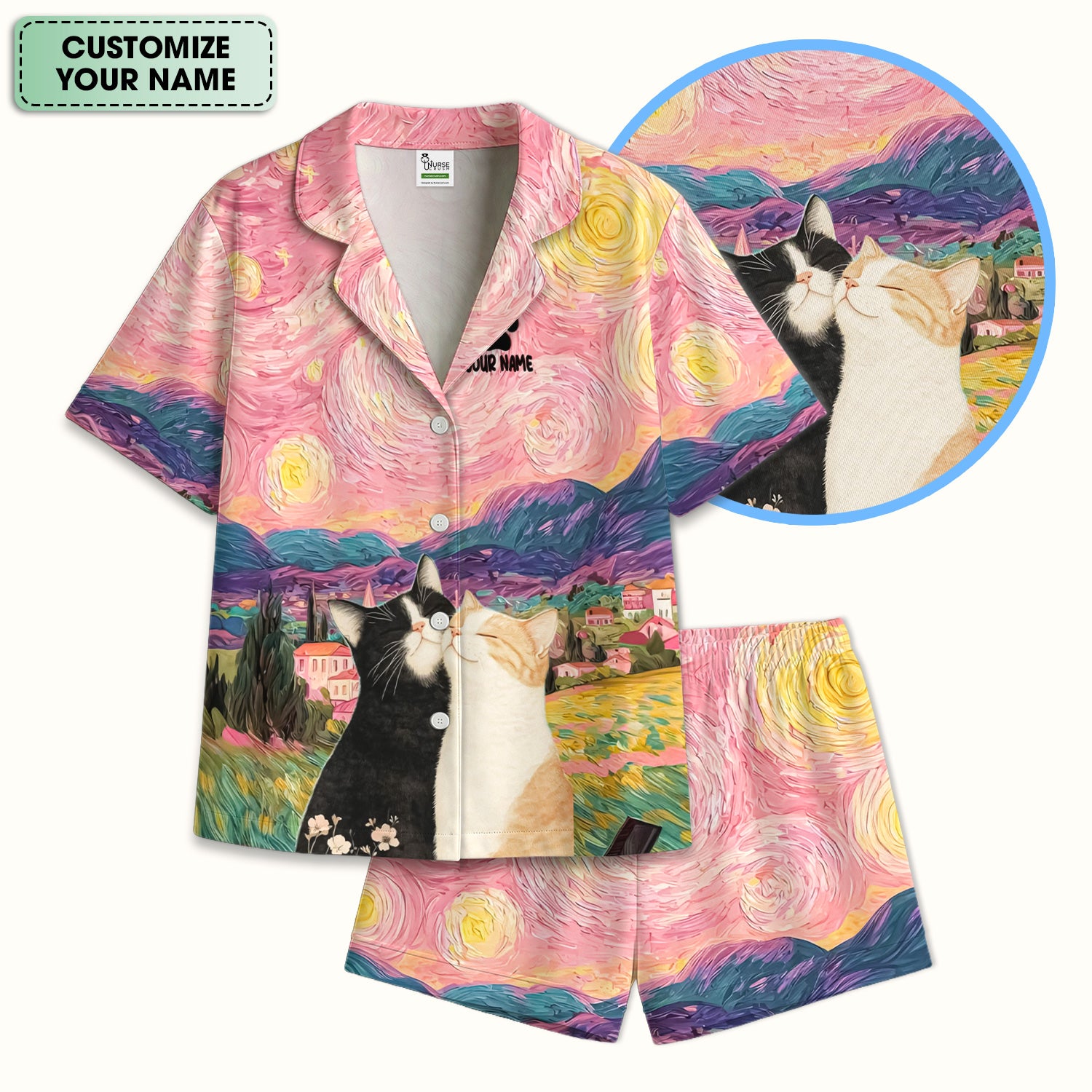 Personalized Cat Couple Sunset Swirl Sky Landscape Pattern Pajama Set, Soft Breathable Fabric Comfortable Sleepwear