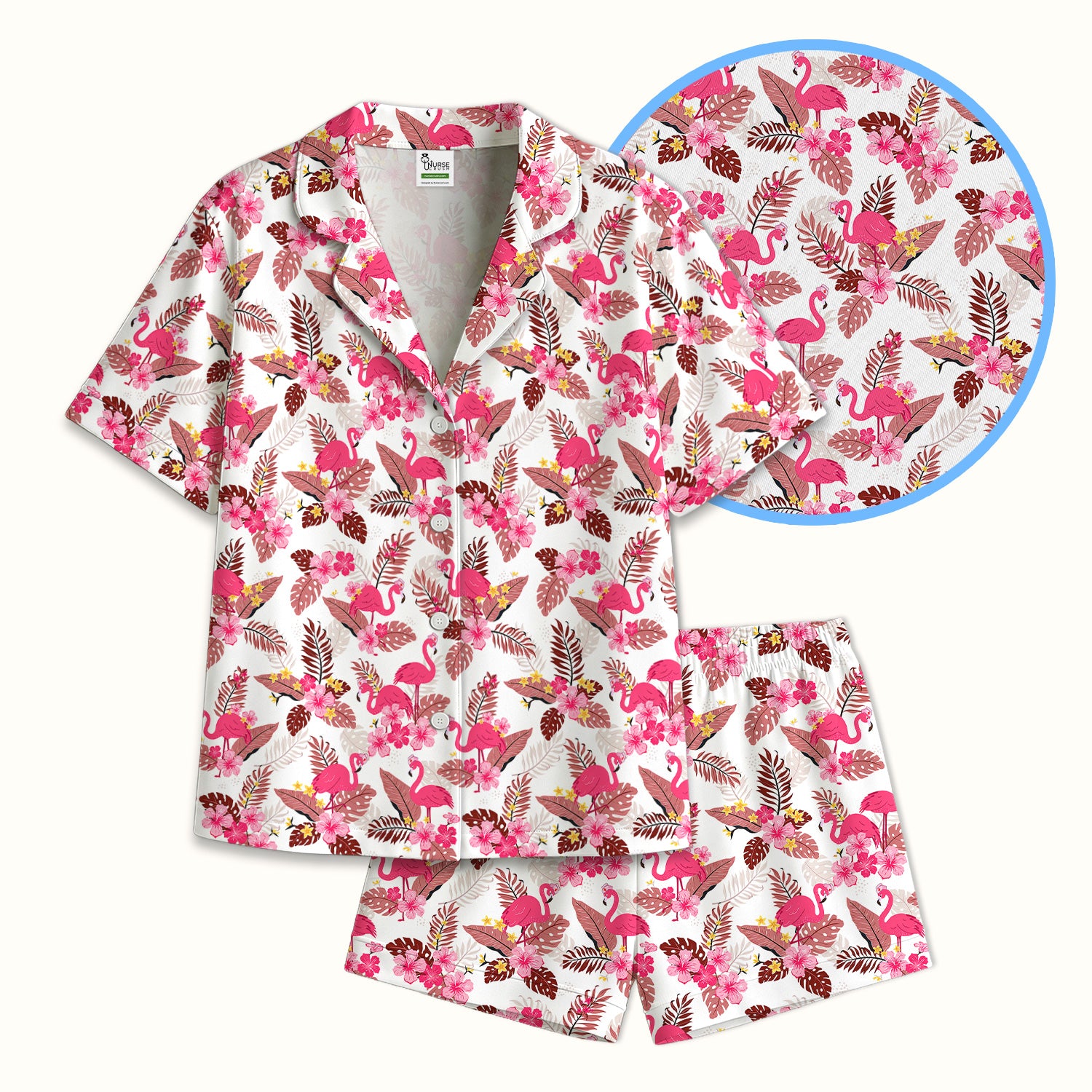 Pink Flamingo Tropical Floral Pajama Set, Breathable Fabrics Uniform