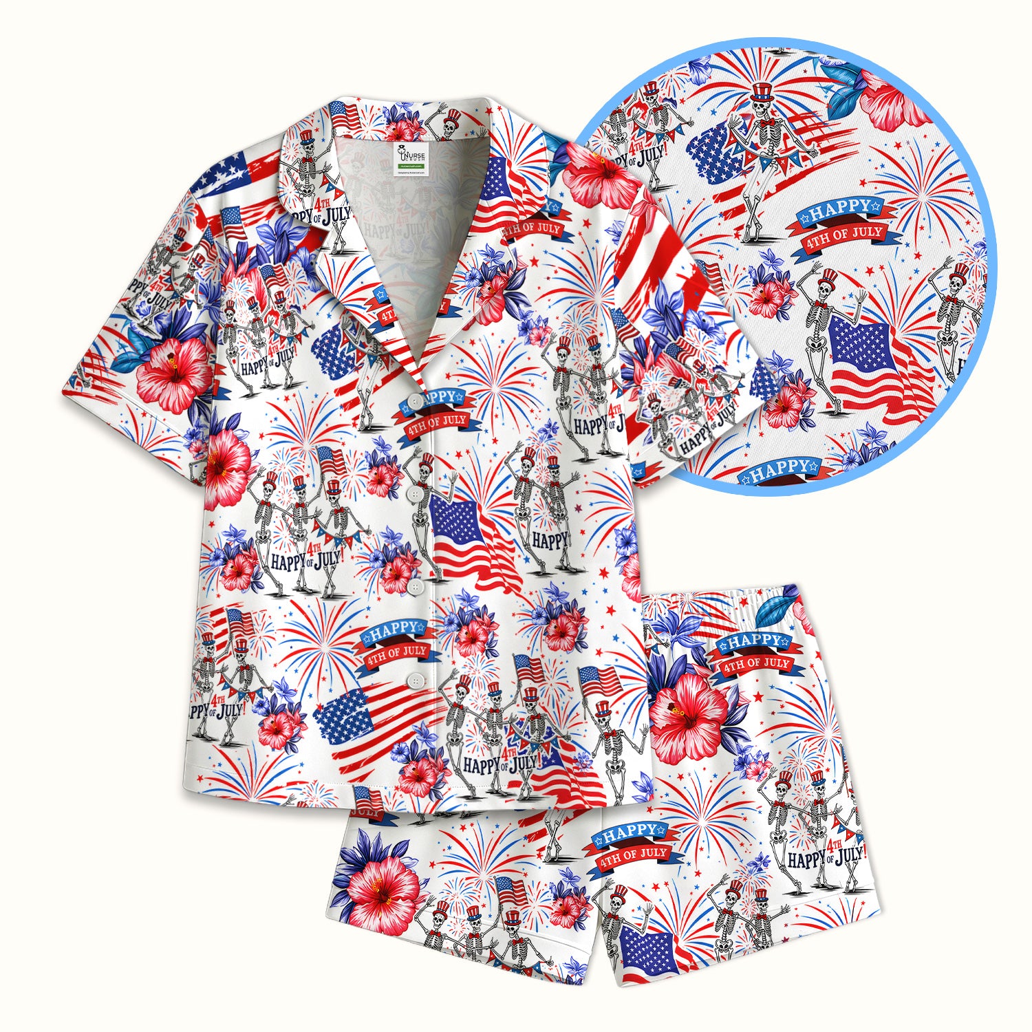 Funny 4th Of July Skeleton Nurse for RN & CNA, Patriotic Fireworks Medical Uniform Pajama Set, Soft Breathable Fabric Comfortable Sleepwear